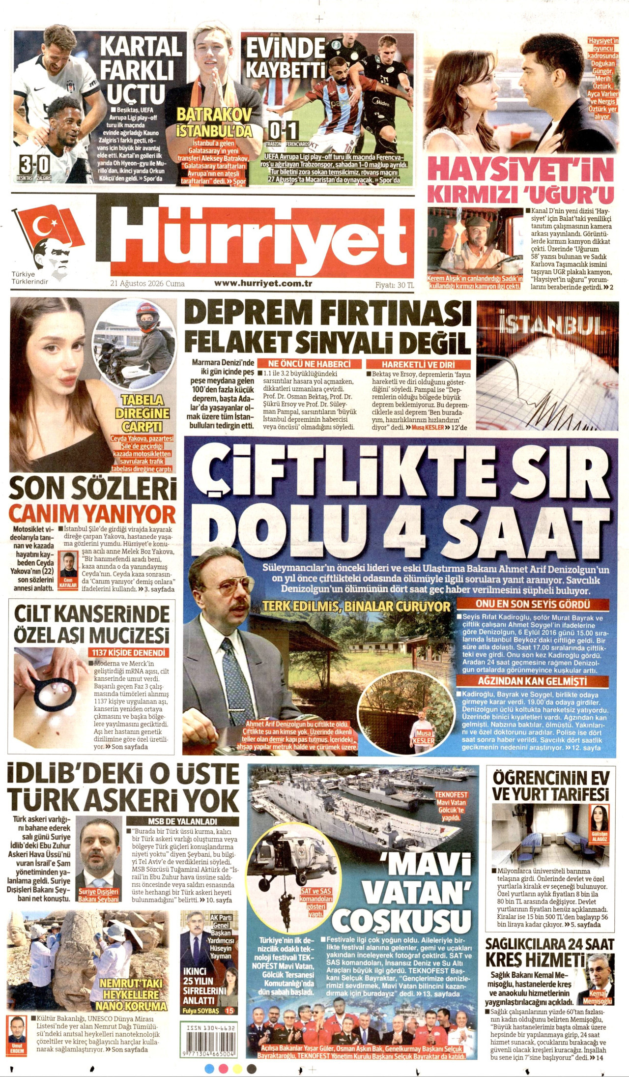HÜRRİYET gazetesinin 21 Ağustos 2026 tarihli birinci sayfası