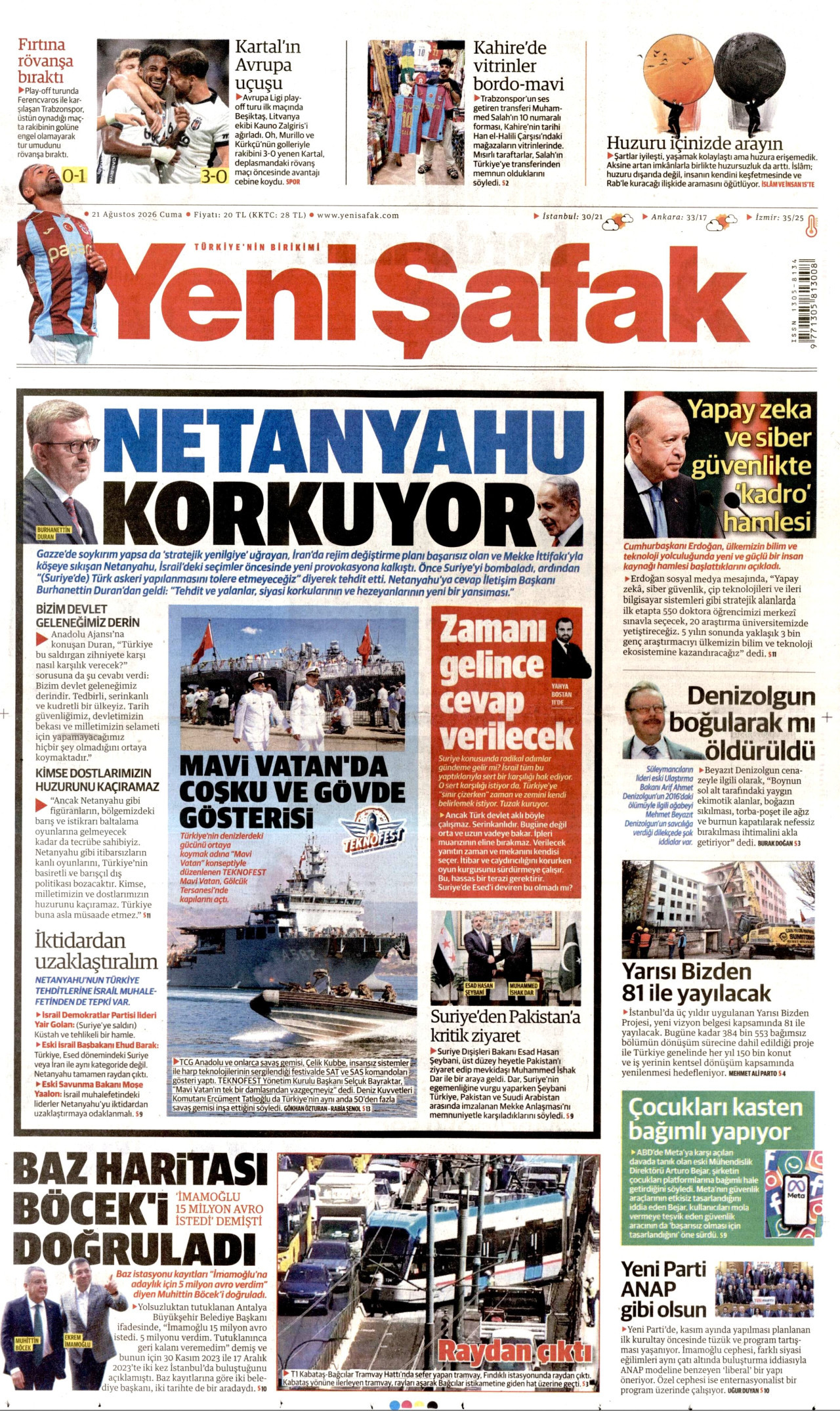 YENİ ŞAFAK gazetesinin 21 Ağustos 2026 tarihli birinci sayfası