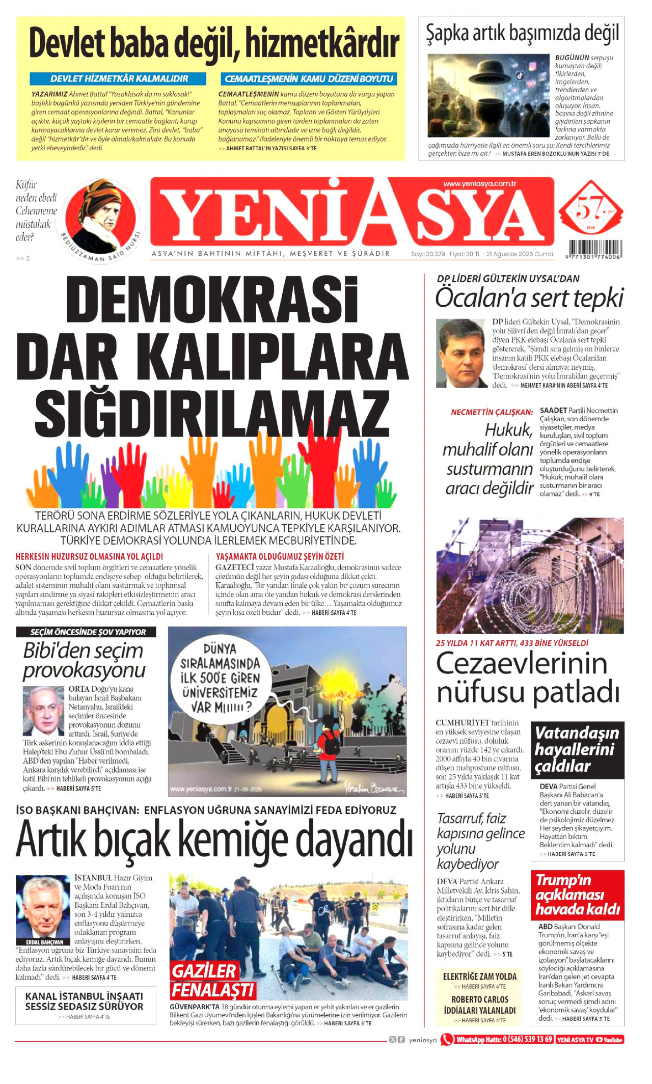 YENİ ASYA gazetesinin 21 Ağustos 2026 tarihli birinci sayfası
