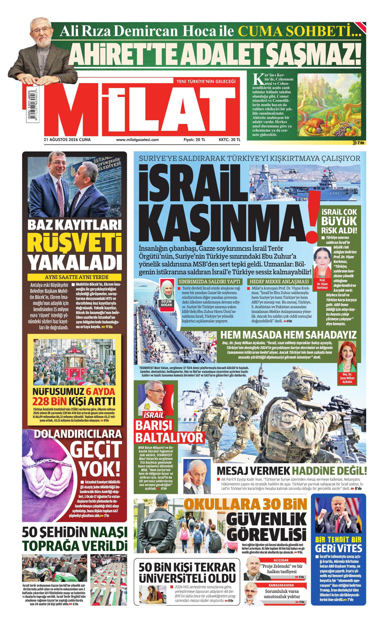 MİLAT gazetesinin 21 Ağustos 2026 tarihli birinci sayfası