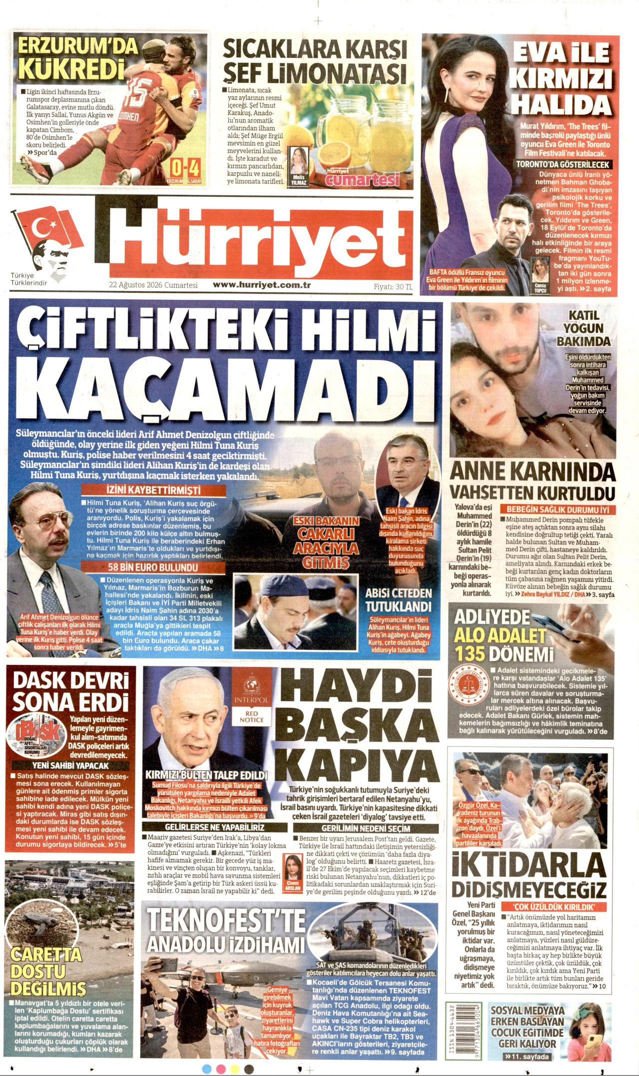 HÜRRİYET gazetesinin 22 Ağustos 2026 tarihli birinci sayfası