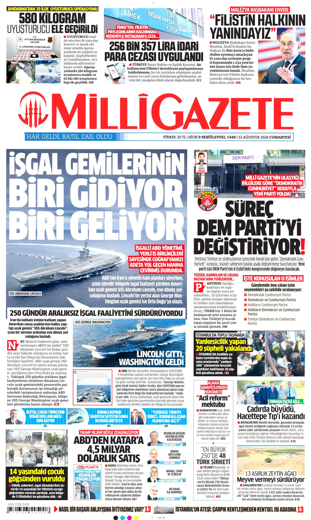 MİLLİ GAZETE gazetesinin 22 Ağustos 2026 tarihli birinci sayfası