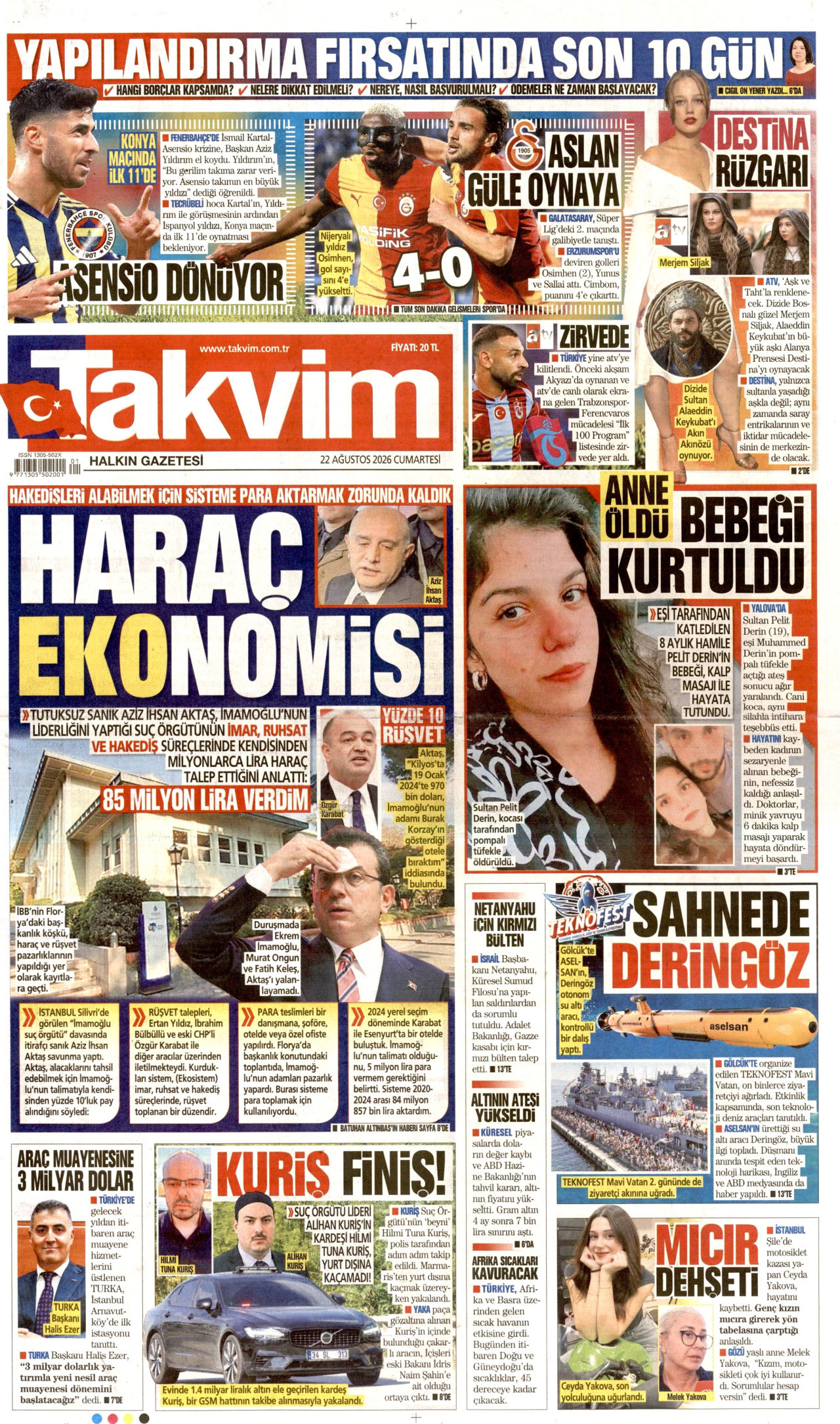 TAKVİM gazetesinin 22 Ağustos 2026 tarihli birinci sayfası
