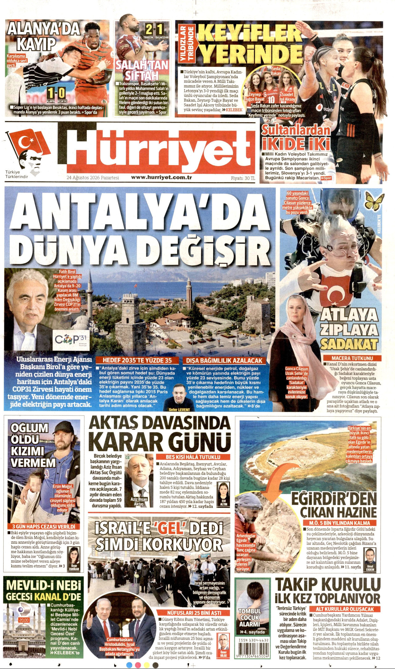 HÜRRİYET gazetesinin 24 Ağustos 2026 tarihli birinci sayfası