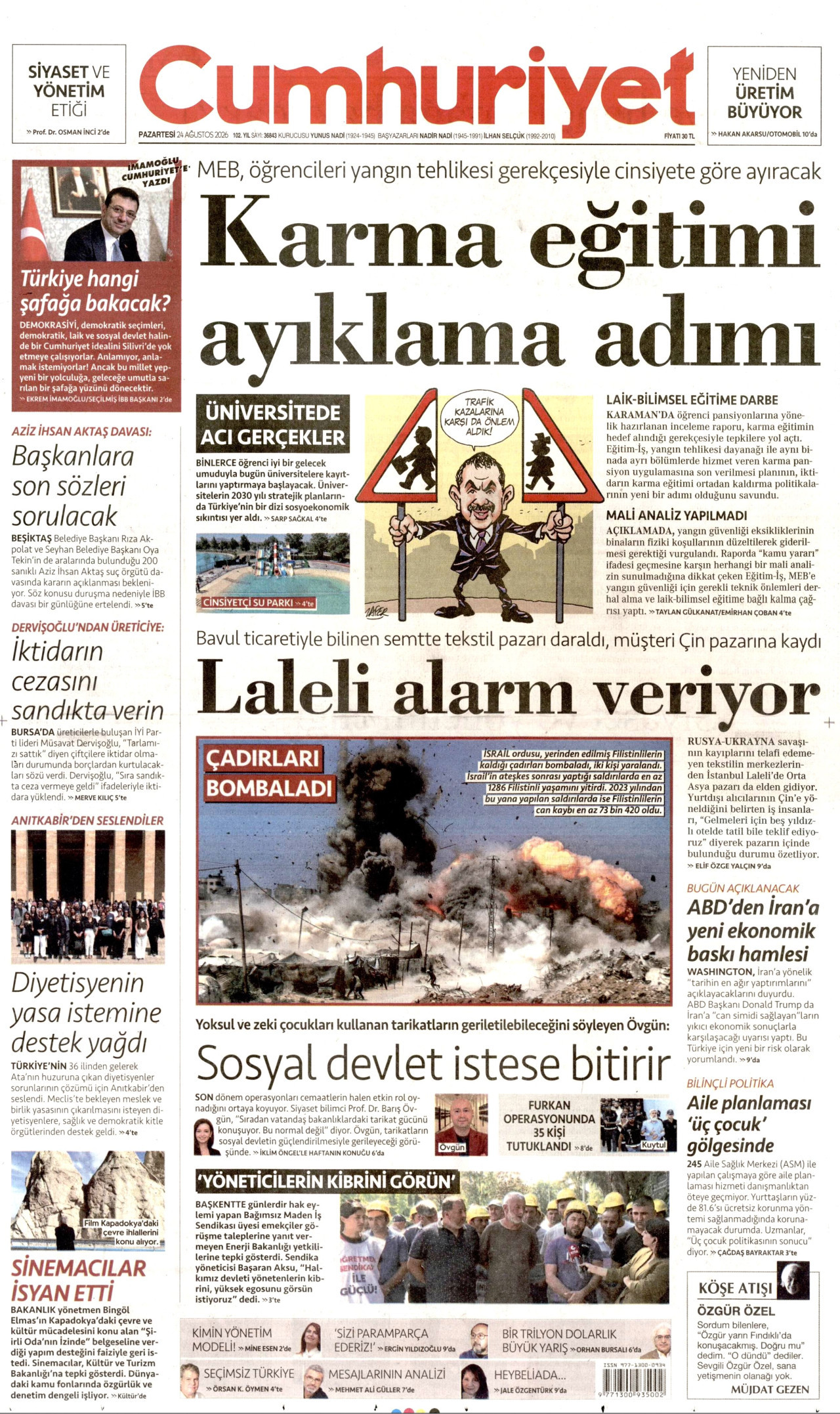 CUMHURİYET gazetesinin 24 Ağustos 2026 tarihli birinci sayfası