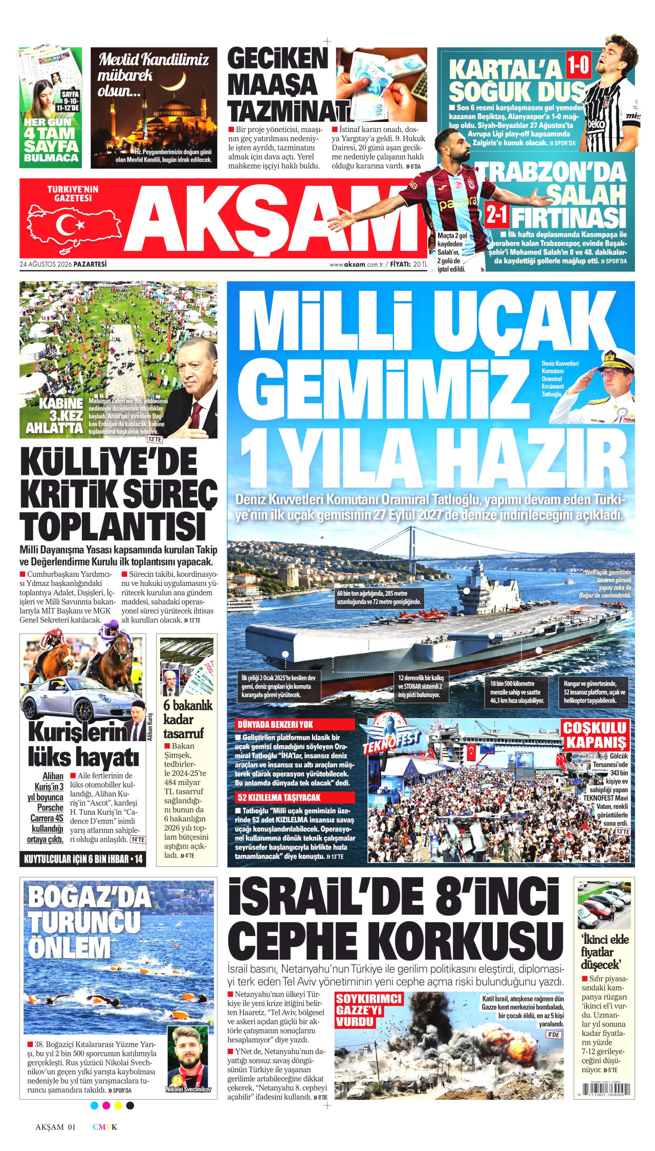 AKŞAM gazetesinin 24 Ağustos 2026 tarihli birinci sayfası