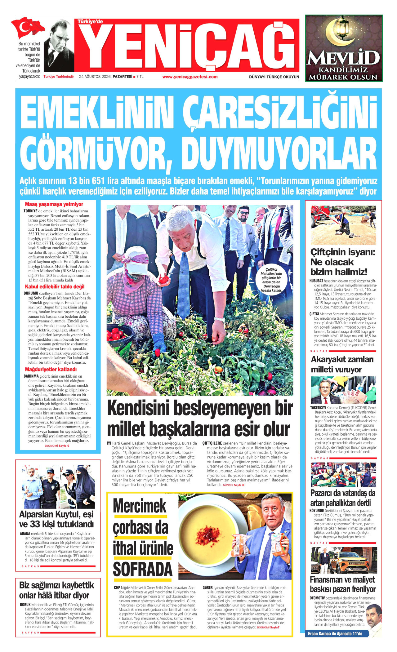 YENİÇAĞ gazetesinin 24 Ağustos 2026 tarihli birinci sayfası