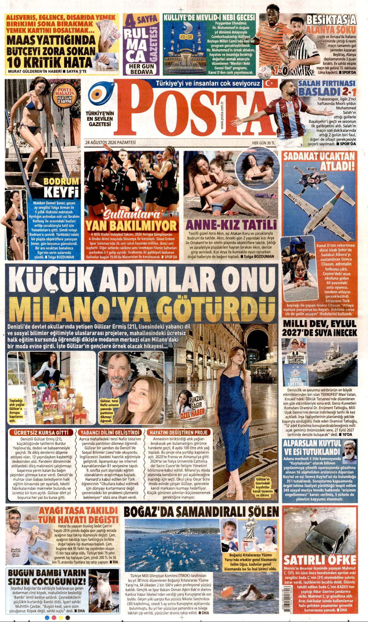 POSTA gazetesinin 24 Ağustos 2026 tarihli birinci sayfası