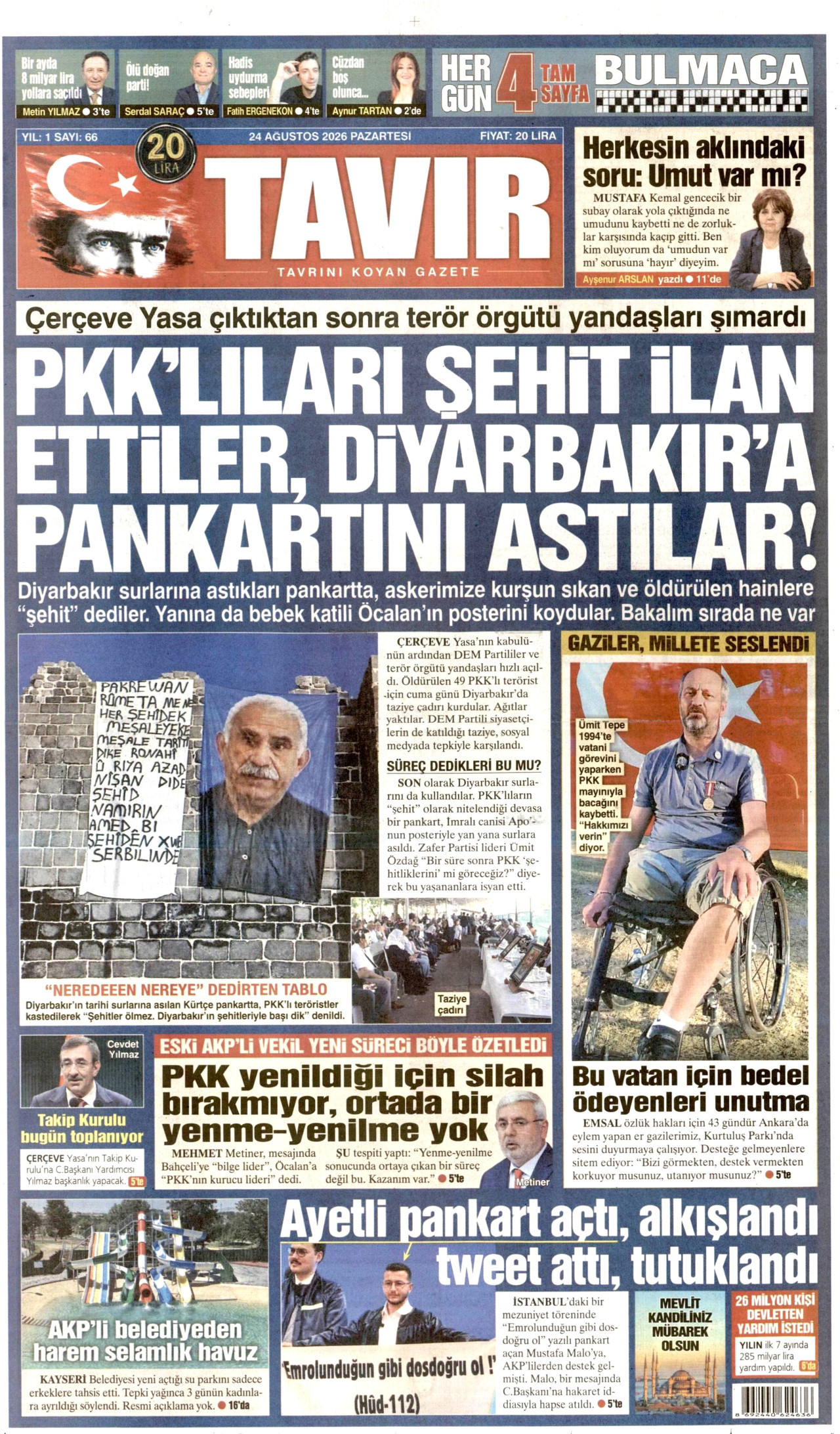 TAVIR GAZETESİ gazetesinin 24 Ağustos 2026 tarihli birinci sayfası