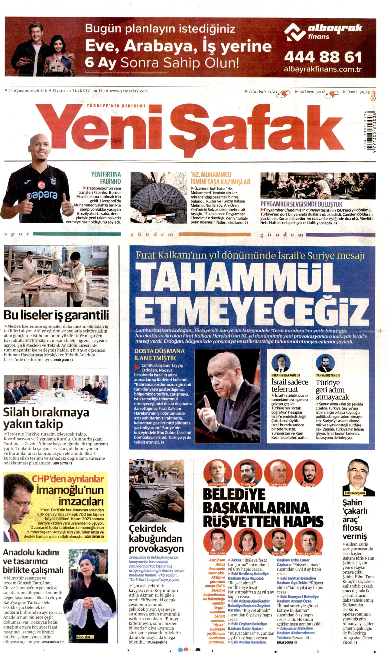 YENİ ŞAFAK gazetesinin 25 Ağustos 2026 tarihli birinci sayfası