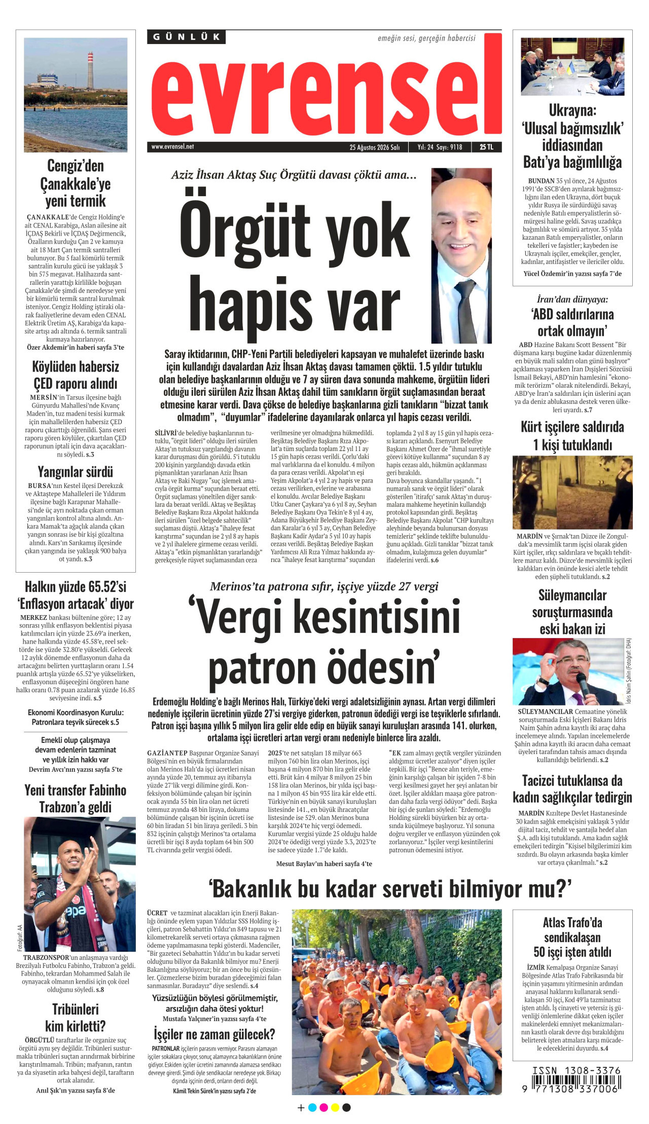 EVRENSEL gazetesinin 25 Ağustos 2026 tarihli birinci sayfası