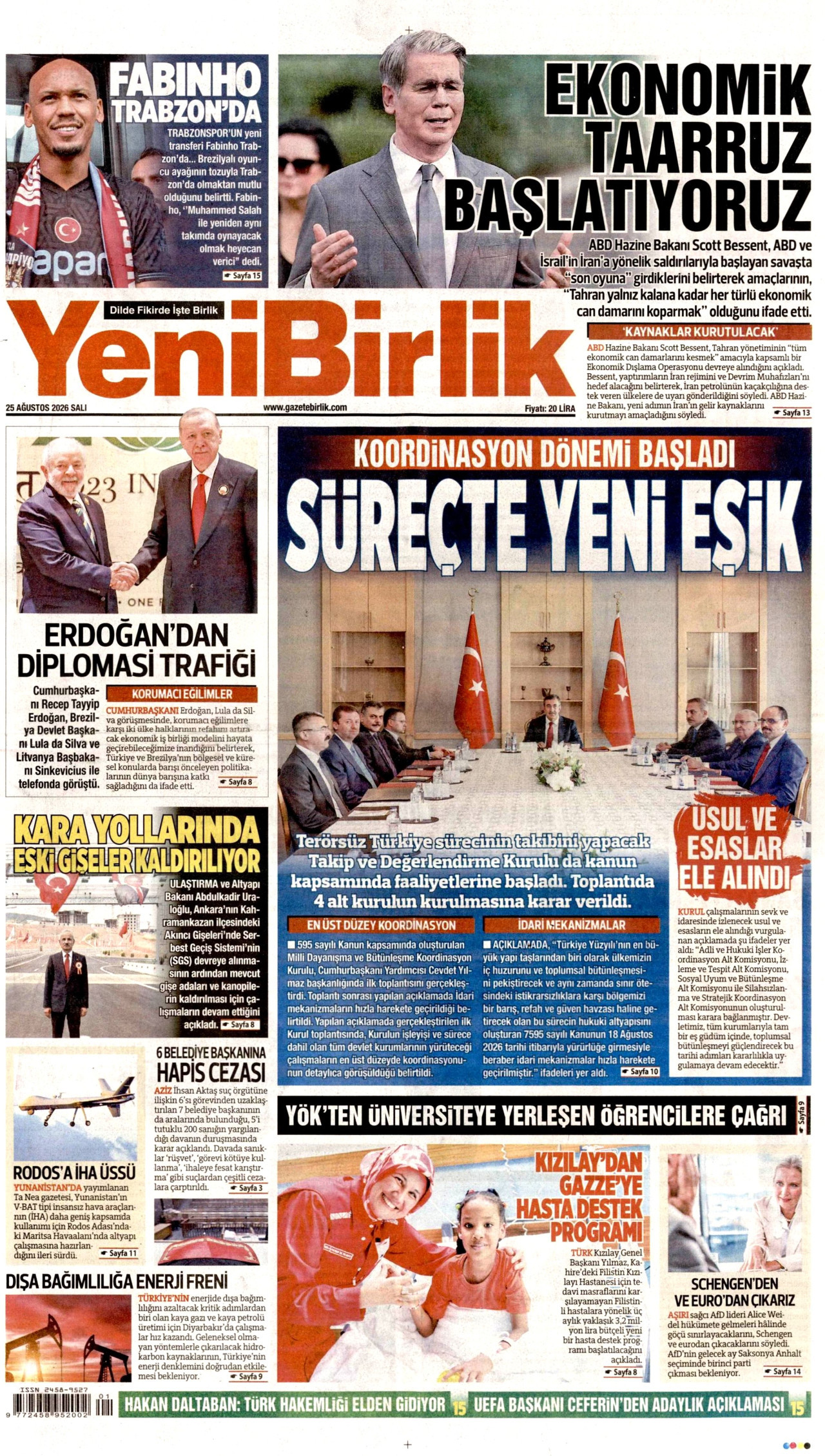 YENİBİRLİK gazetesinin 25 Ağustos 2026 tarihli birinci sayfası