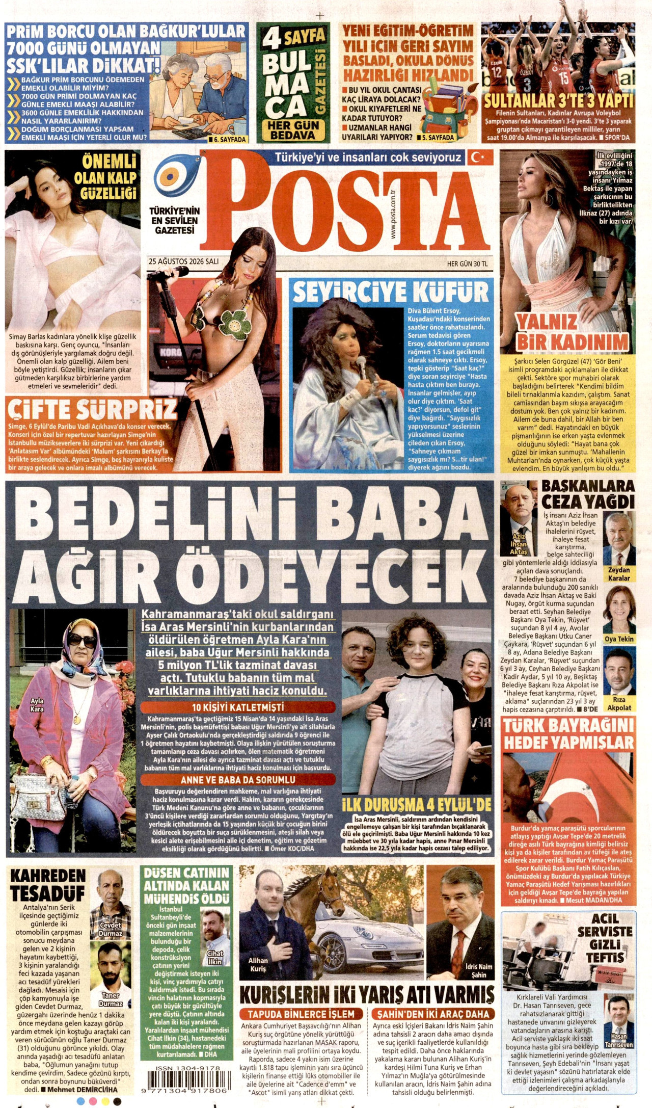 POSTA gazetesinin 25 Ağustos 2026 tarihli birinci sayfası
