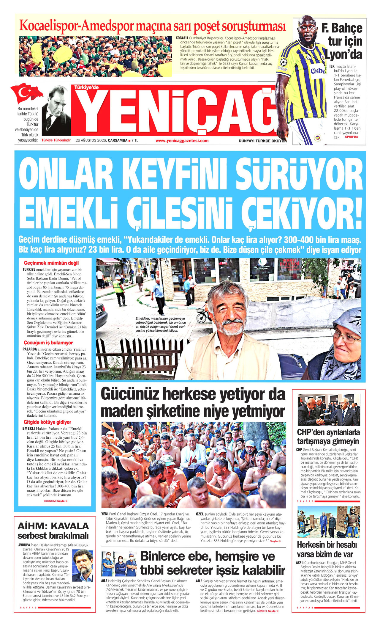 YENİÇAĞ 26 Ağustos 2026 Gazete Manşeti Büyük