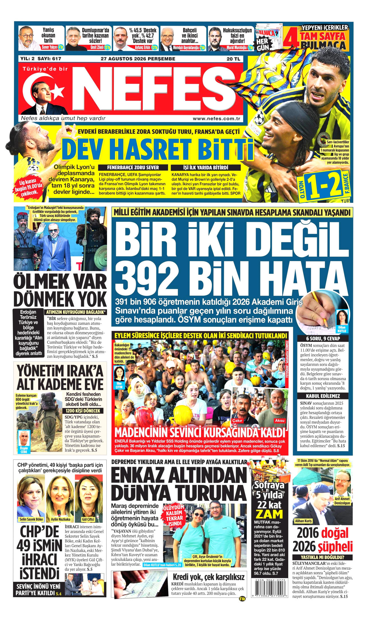 NEFES gazetesinin 27 Ağustos 2026 tarihli birinci sayfası