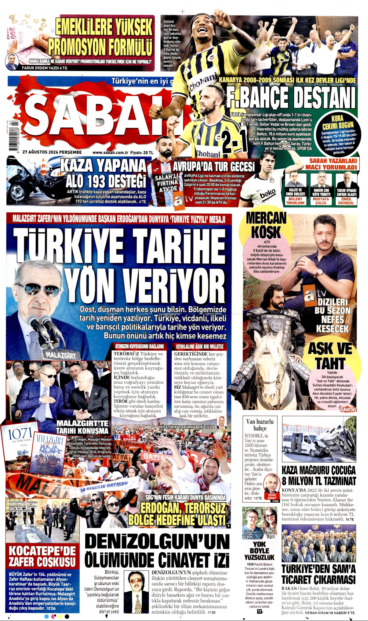 SABAH gazetesinin 27 Ağustos 2026 tarihli birinci sayfası