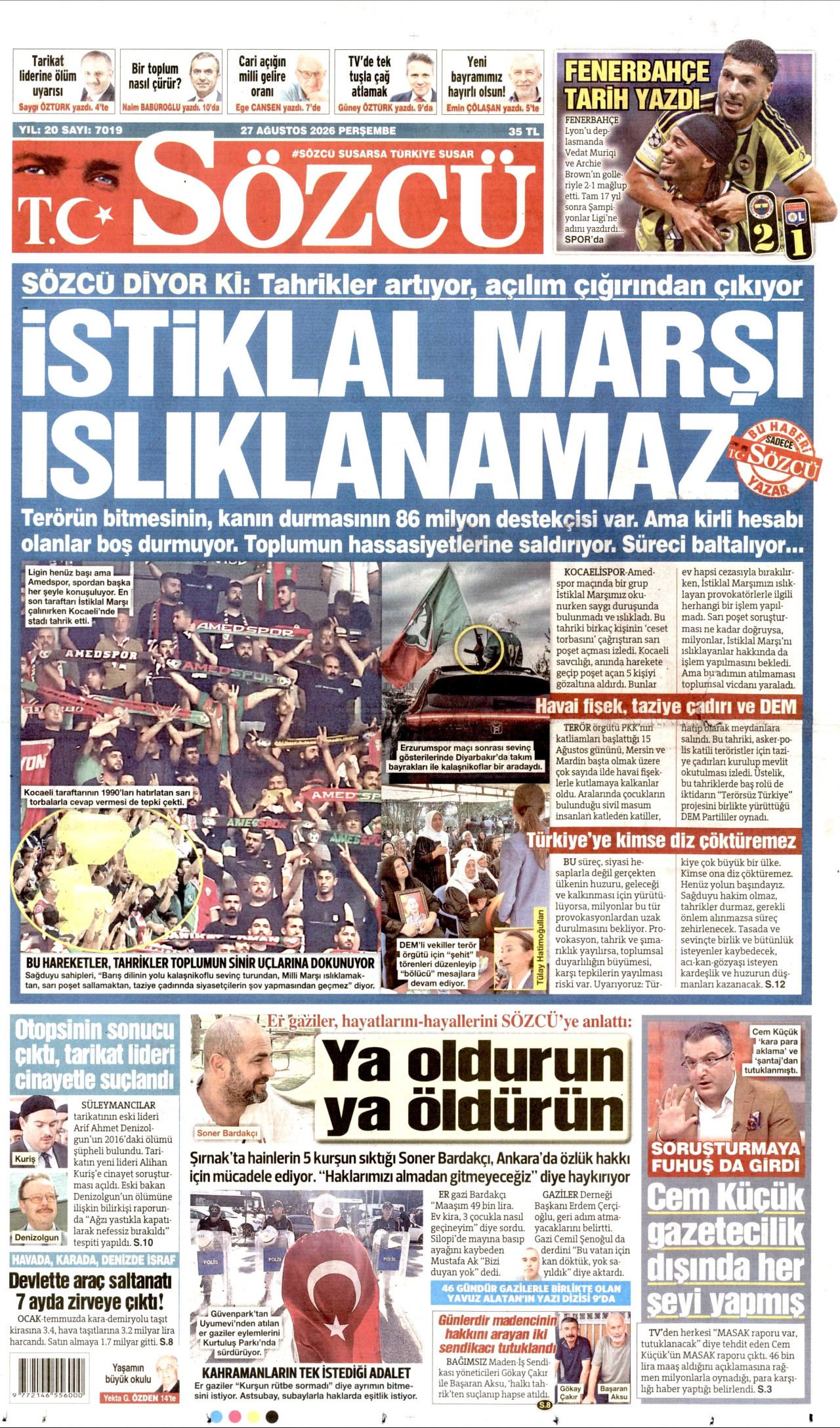 SÖZCÜ gazetesinin 27 Ağustos 2026 tarihli birinci sayfası