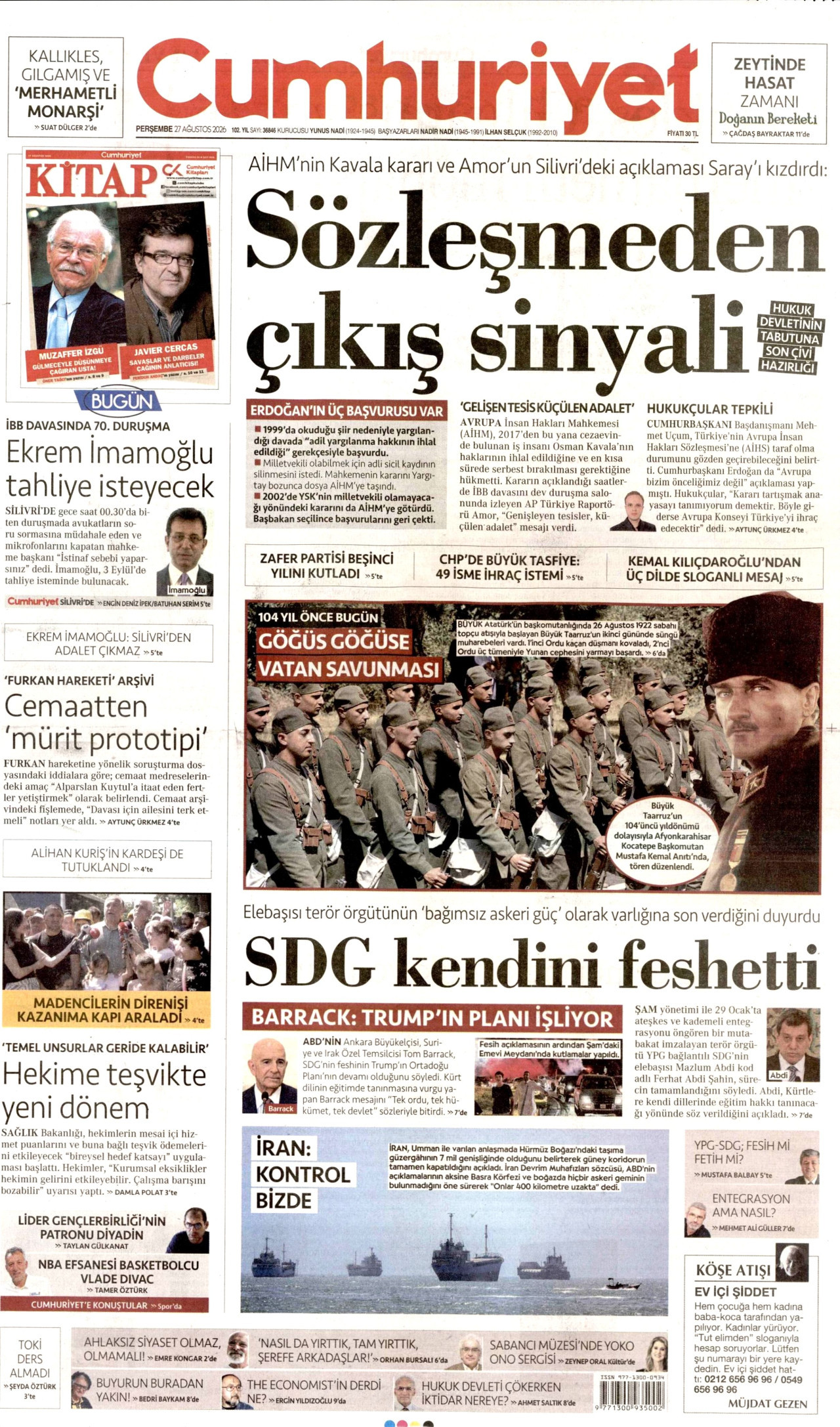CUMHURİYET gazetesinin 27 Ağustos 2026 tarihli birinci sayfası