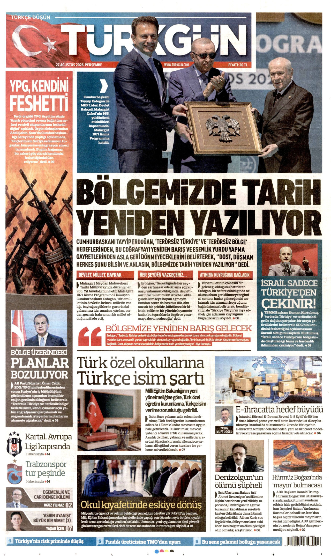 TÜRKGÜN gazetesinin 27 Ağustos 2026 tarihli birinci sayfası