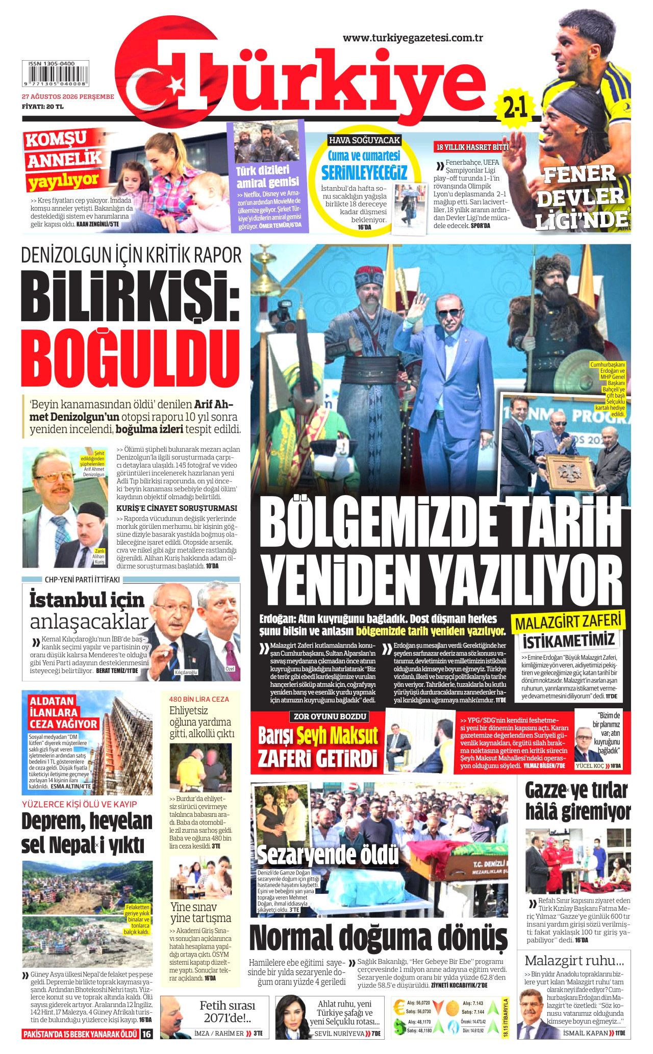 TÜRKİYE GAZETESİ gazetesinin 27 Ağustos 2026 tarihli birinci sayfası