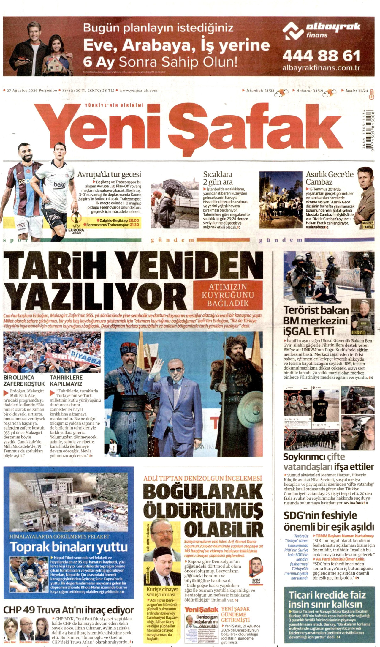 YENİ ŞAFAK gazetesinin 27 Ağustos 2026 tarihli birinci sayfası