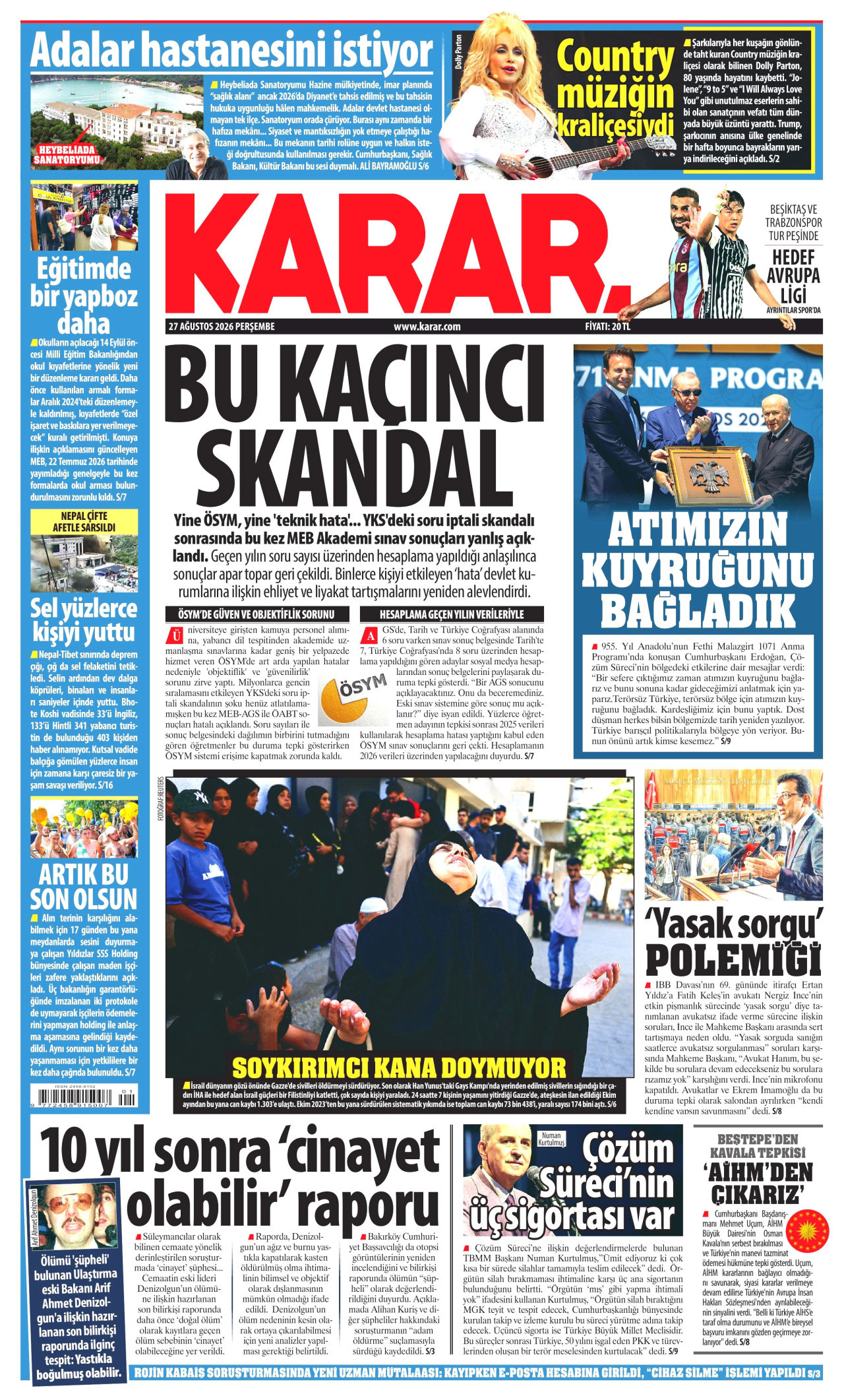 KARAR gazetesinin 27 Ağustos 2026 tarihli birinci sayfası