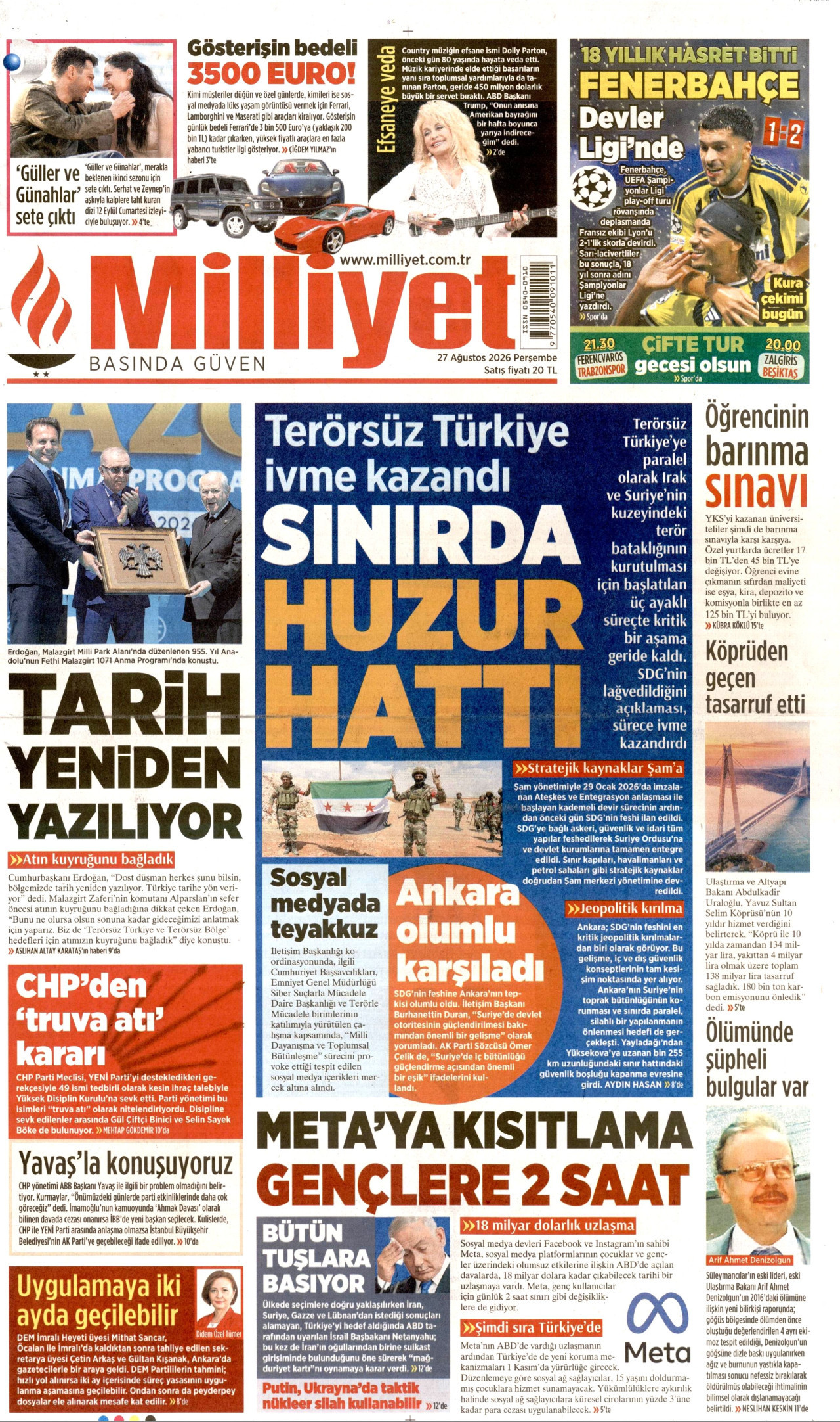 MİLLİYET gazetesinin 27 Ağustos 2026 tarihli birinci sayfası