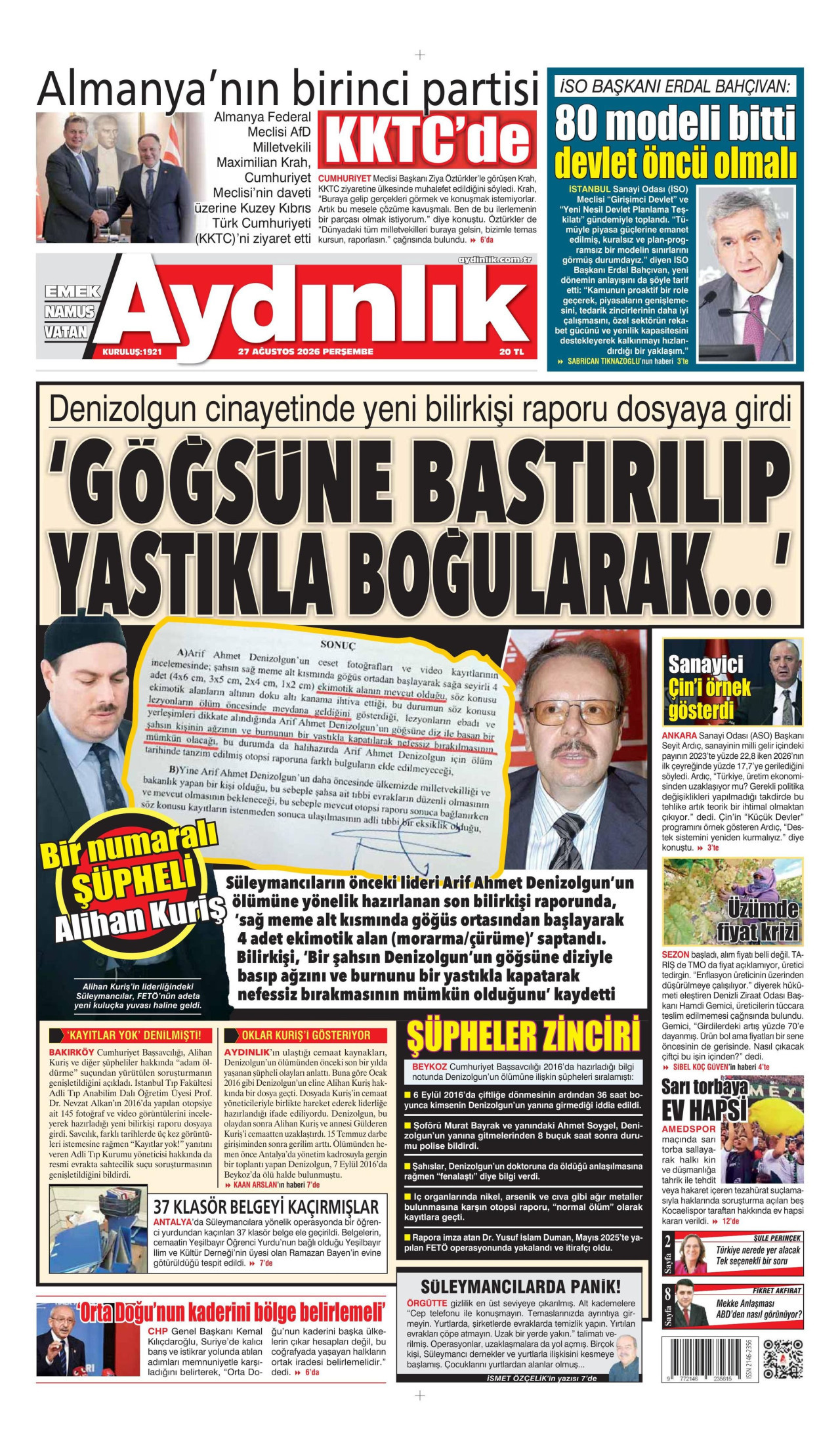 AYDINLIK GAZETESİ gazetesinin 27 Ağustos 2026 tarihli birinci sayfası