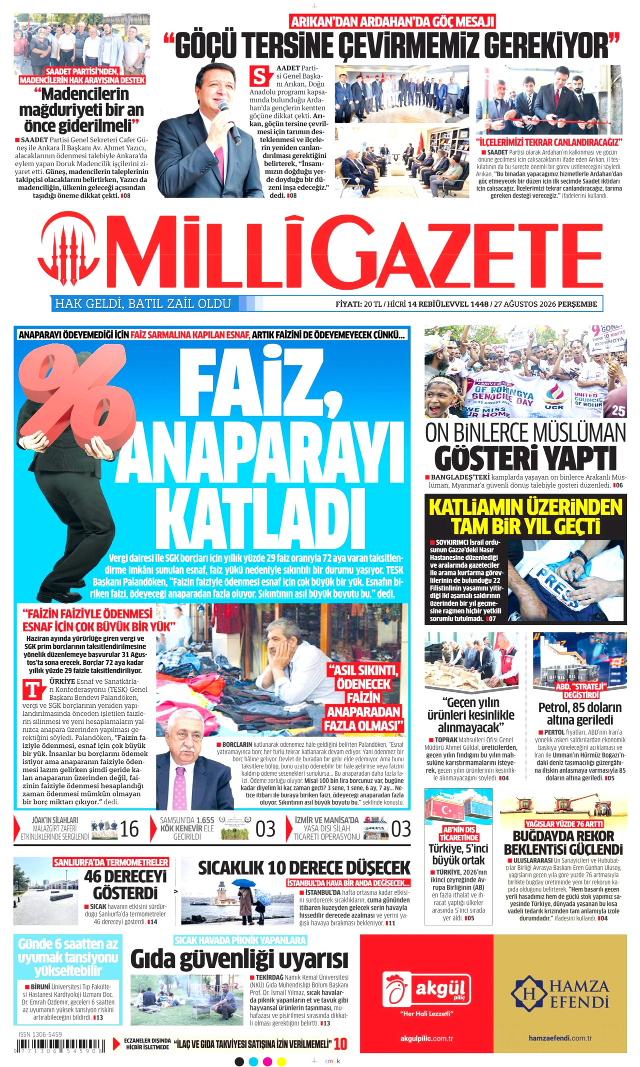 MİLLİ GAZETE gazetesinin 27 Ağustos 2026 tarihli birinci sayfası