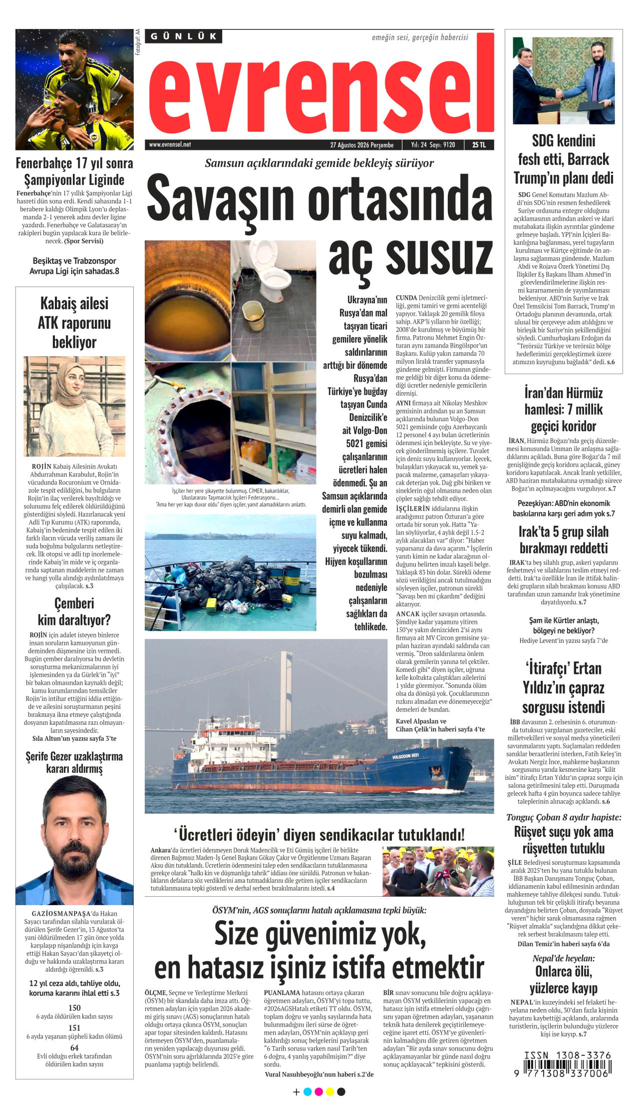 EVRENSEL gazetesinin 27 Ağustos 2026 tarihli birinci sayfası