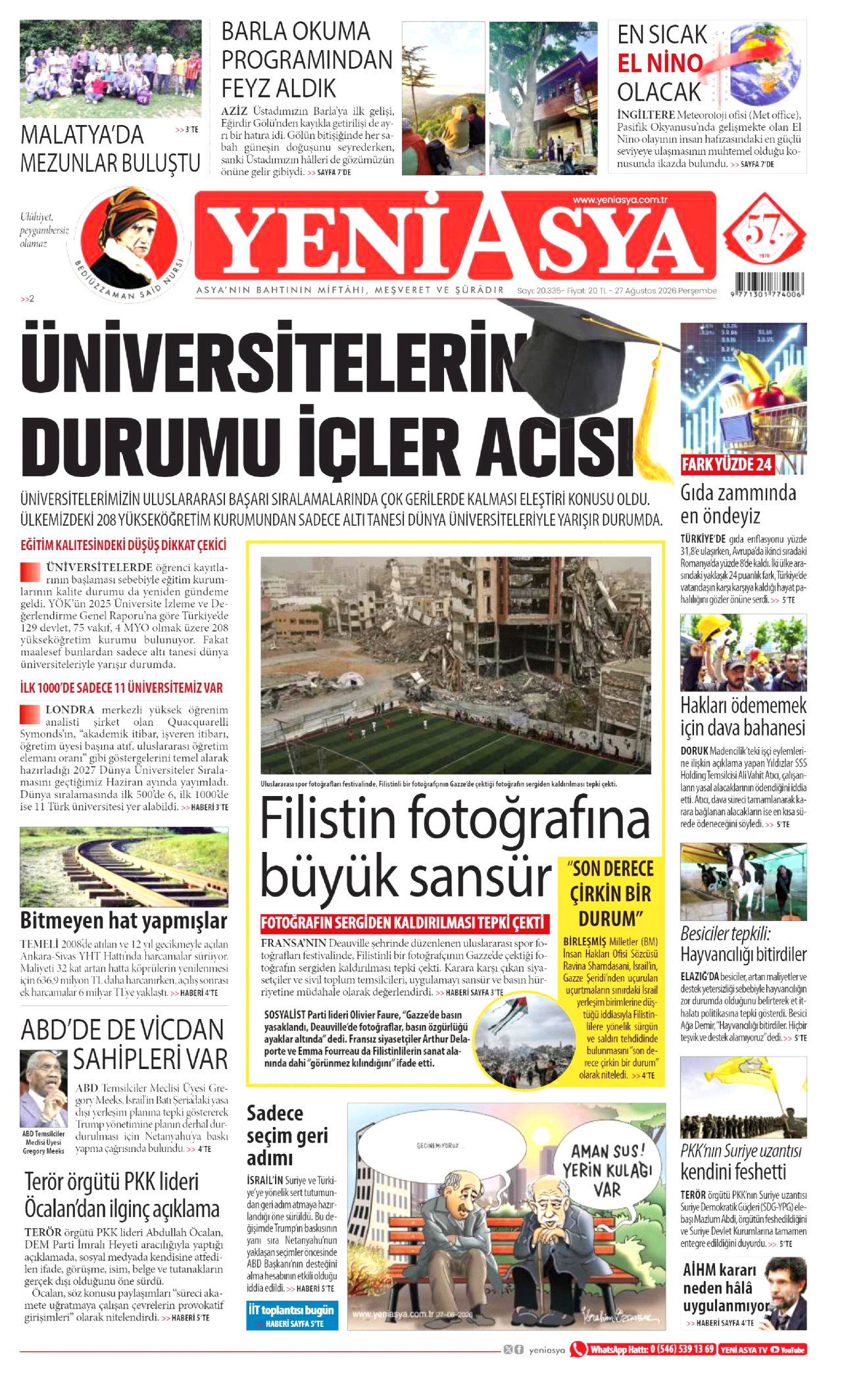 YENİ ASYA gazetesinin 27 Ağustos 2026 tarihli birinci sayfası