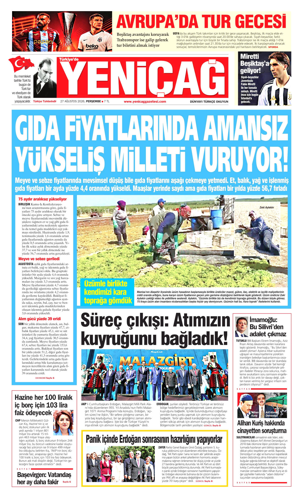 YENİÇAĞ gazetesinin 27 Ağustos 2026 tarihli birinci sayfası