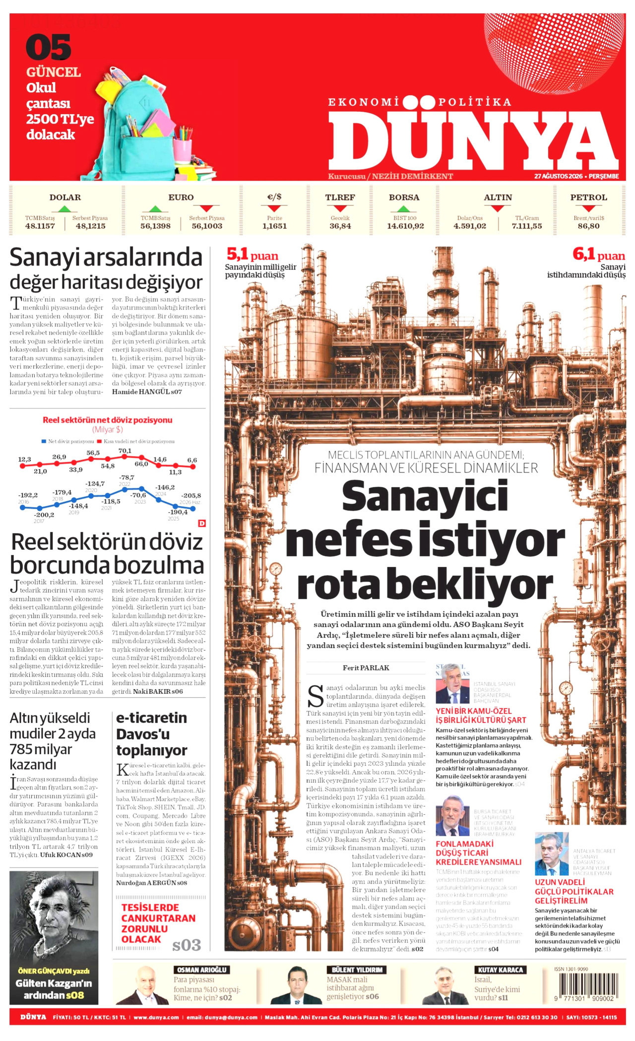 DÜNYA gazetesinin 27 Ağustos 2026 tarihli birinci sayfası