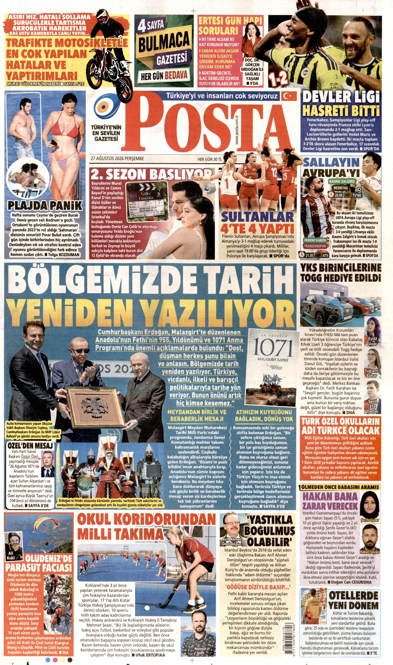 POSTA gazetesinin 27 Ağustos 2026 tarihli birinci sayfası