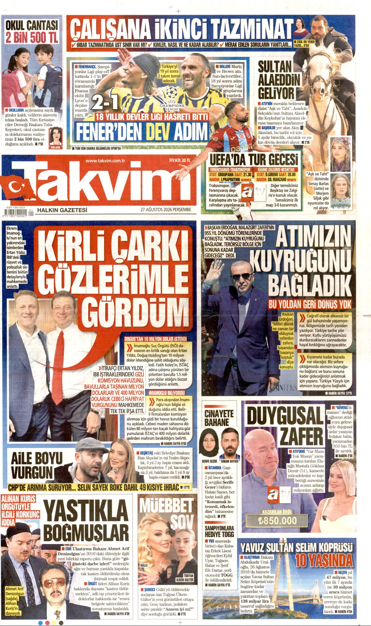 TAKVİM gazetesinin 27 Ağustos 2026 tarihli birinci sayfası