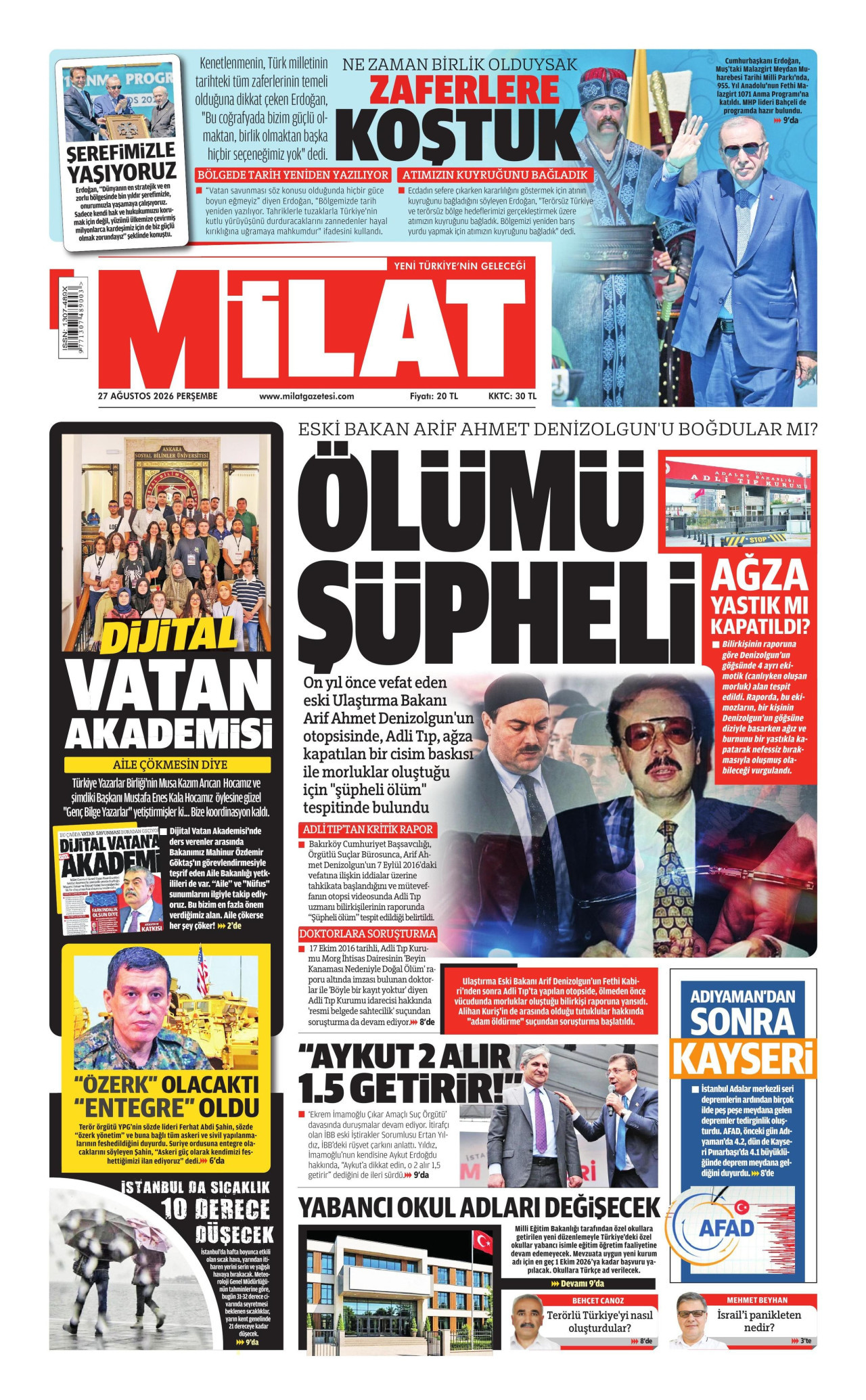 MİLAT gazetesinin 27 Ağustos 2026 tarihli birinci sayfası