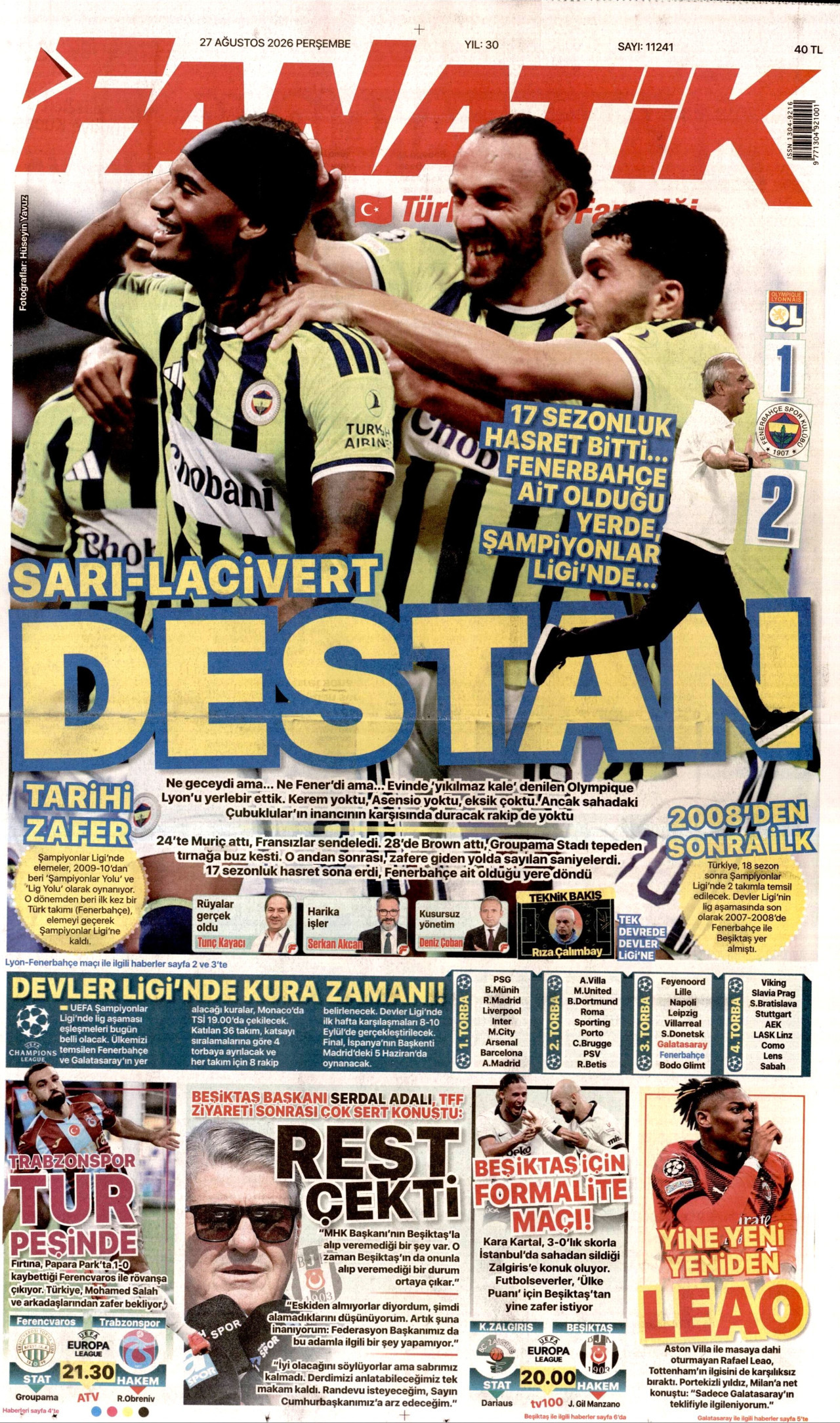 FANATİK gazetesinin 27 Ağustos 2026 tarihli birinci sayfası
