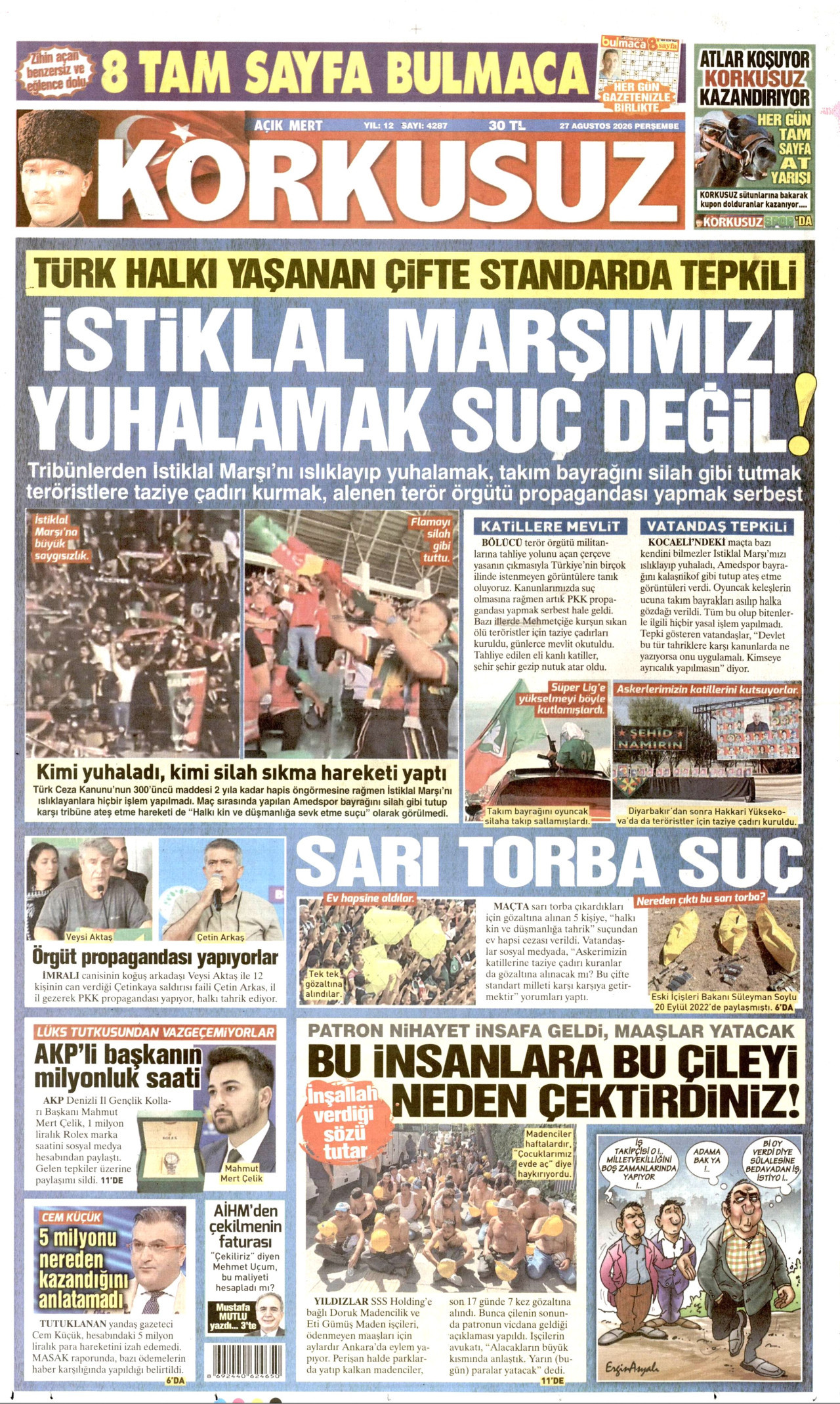 KORKUSUZ gazetesinin 27 Ağustos 2026 tarihli birinci sayfası