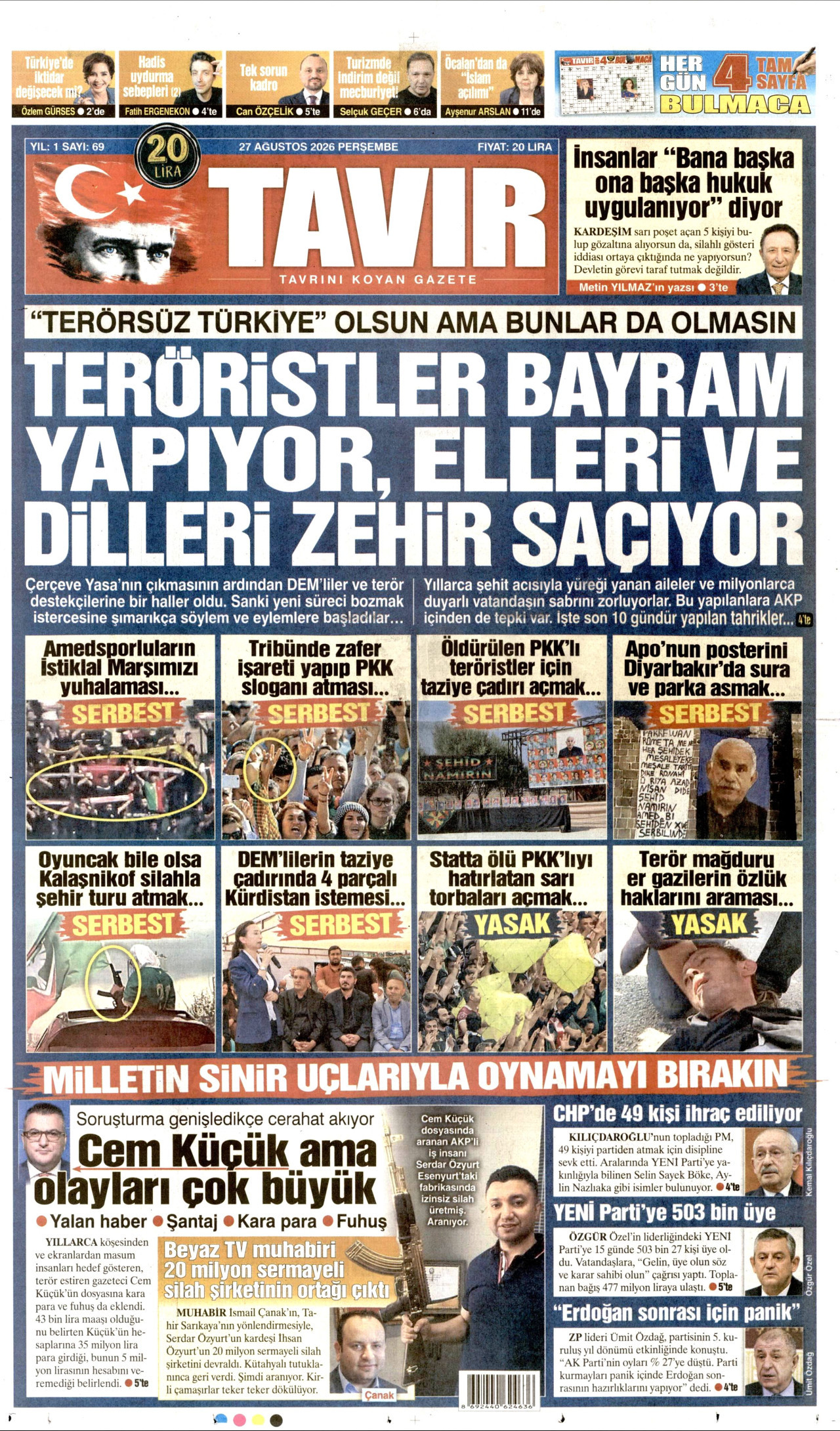 TAVIR GAZETESİ gazetesinin 27 Ağustos 2026 tarihli birinci sayfası