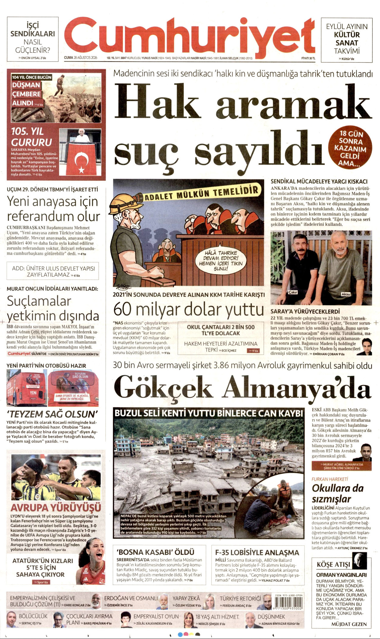 CUMHURİYET 28 Ağustos 2026 Gazete Manşeti Büyük