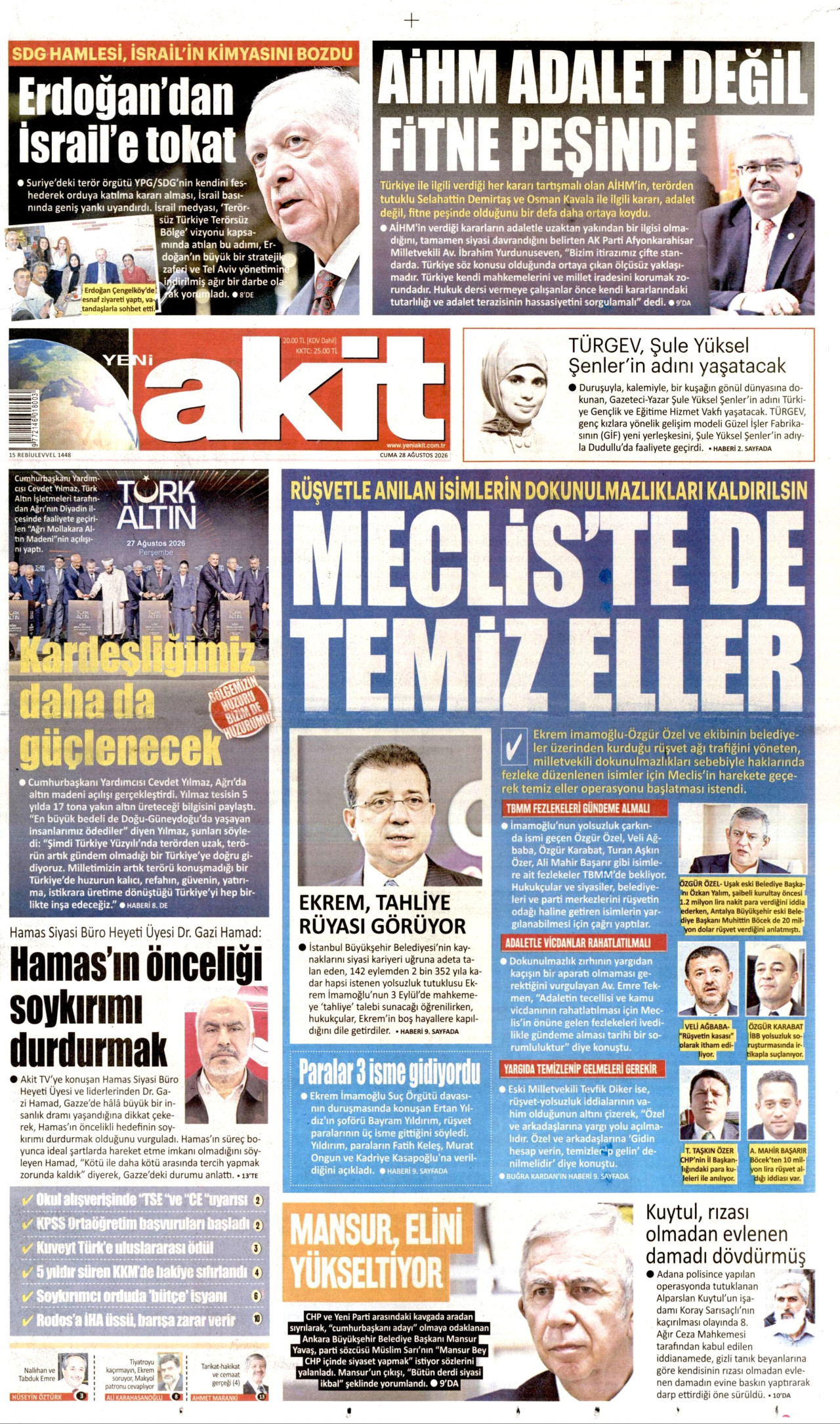 YENİ AKİT 28 Ağustos 2026 Gazete Manşeti Büyük
