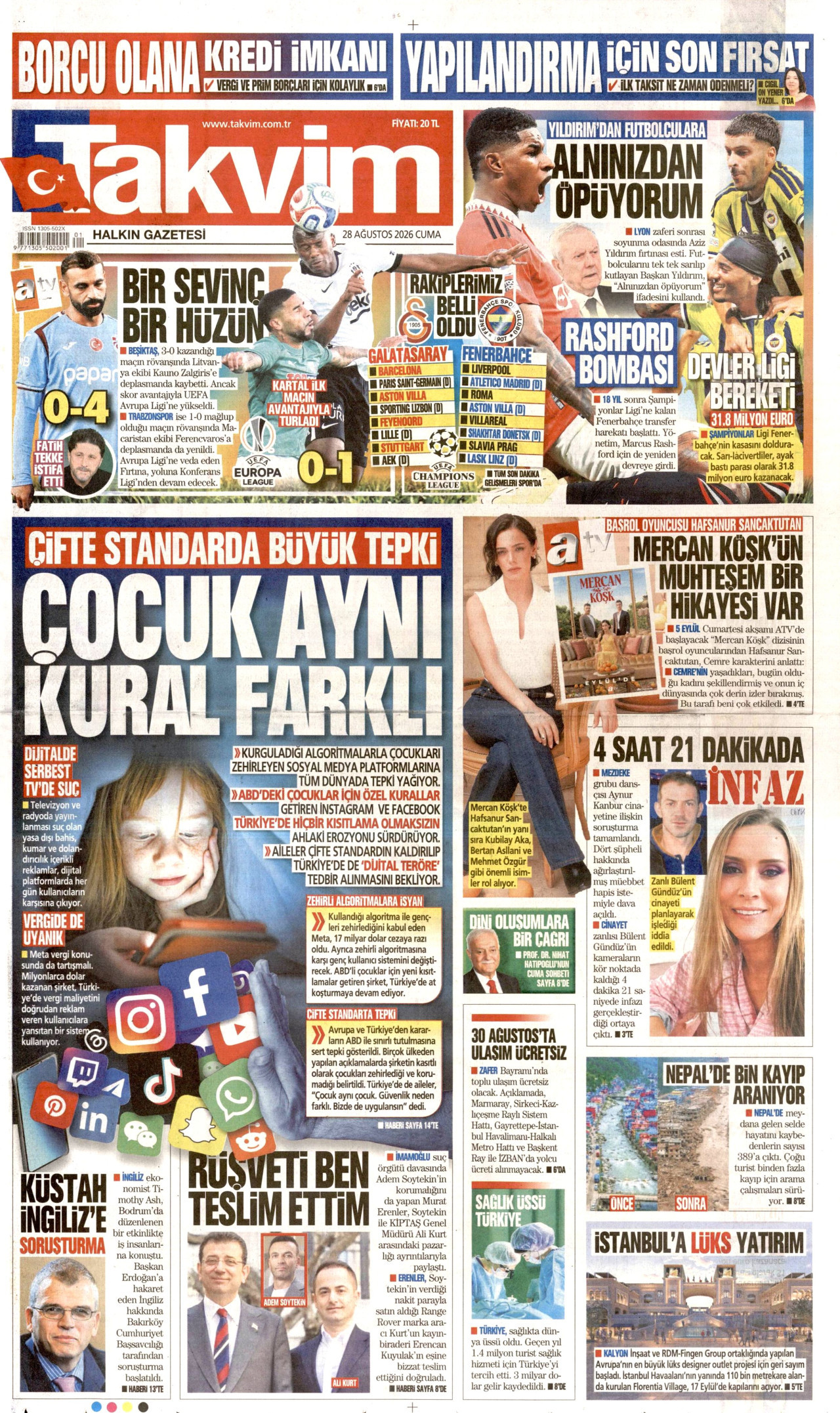 TAKVİM 28 Ağustos 2026 Gazete Manşeti Büyük