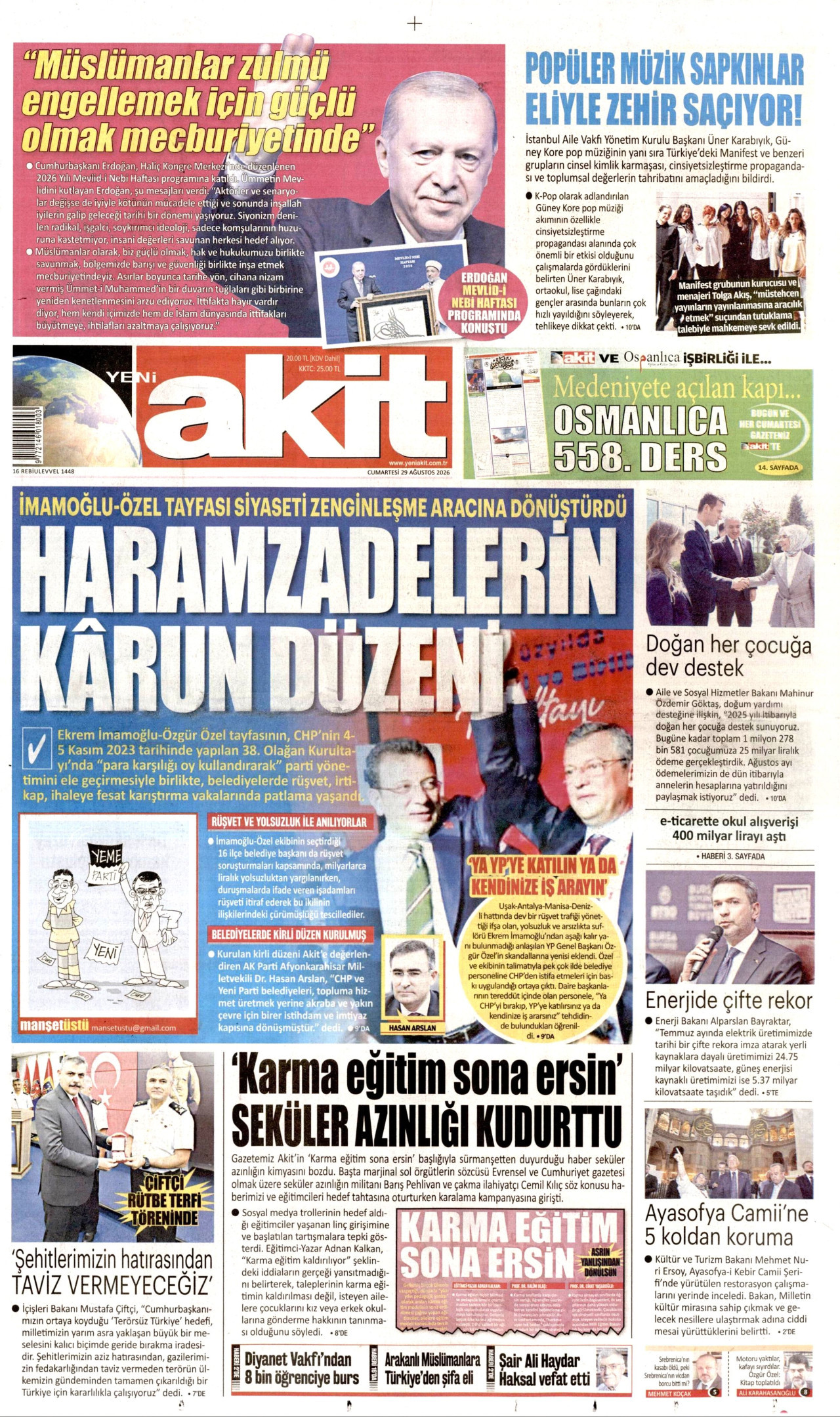 YENİ AKİT 29 Ağustos 2026 Gazete Manşeti Büyük