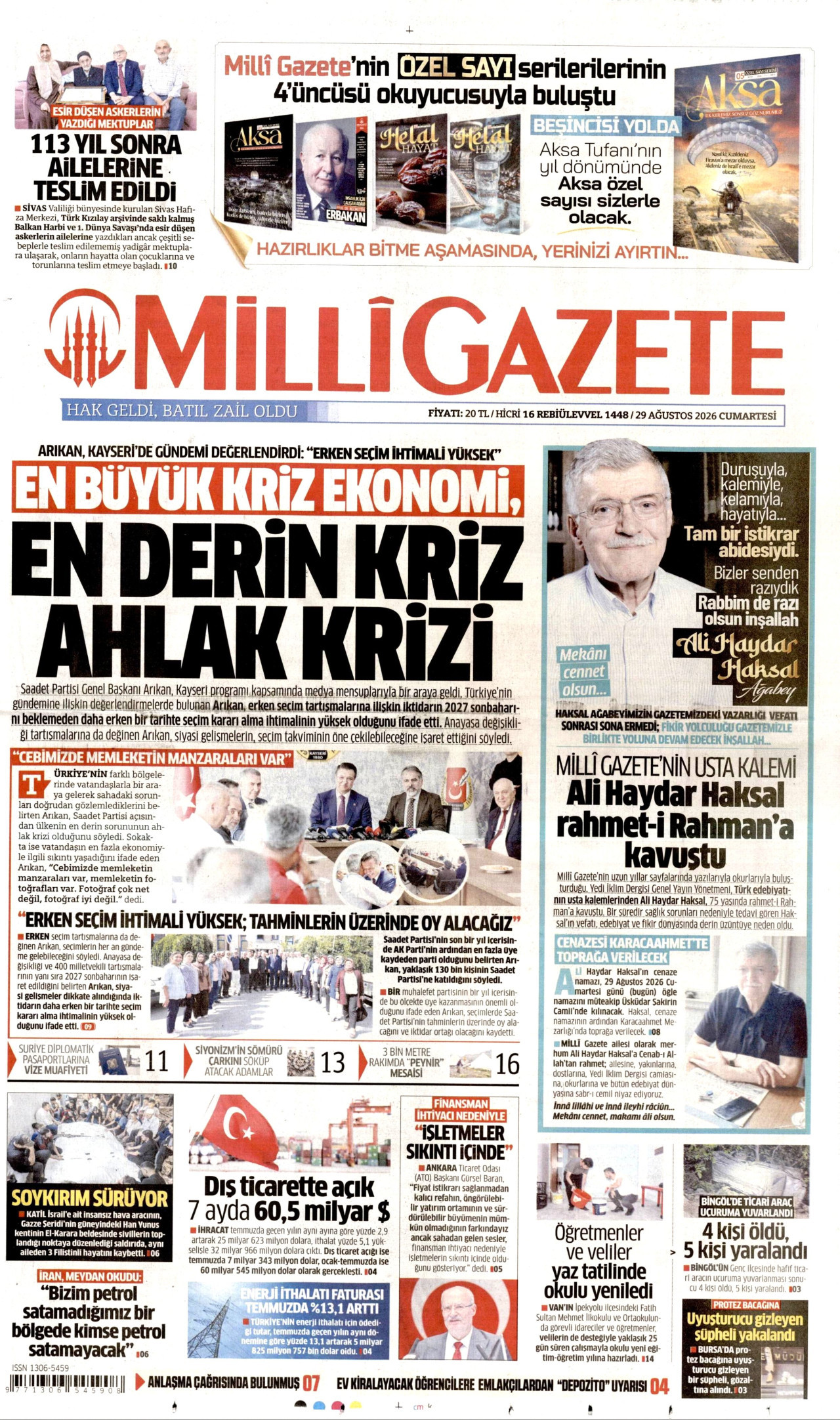 MİLLİ GAZETE 29 Ağustos 2026 Gazete Manşeti Büyük