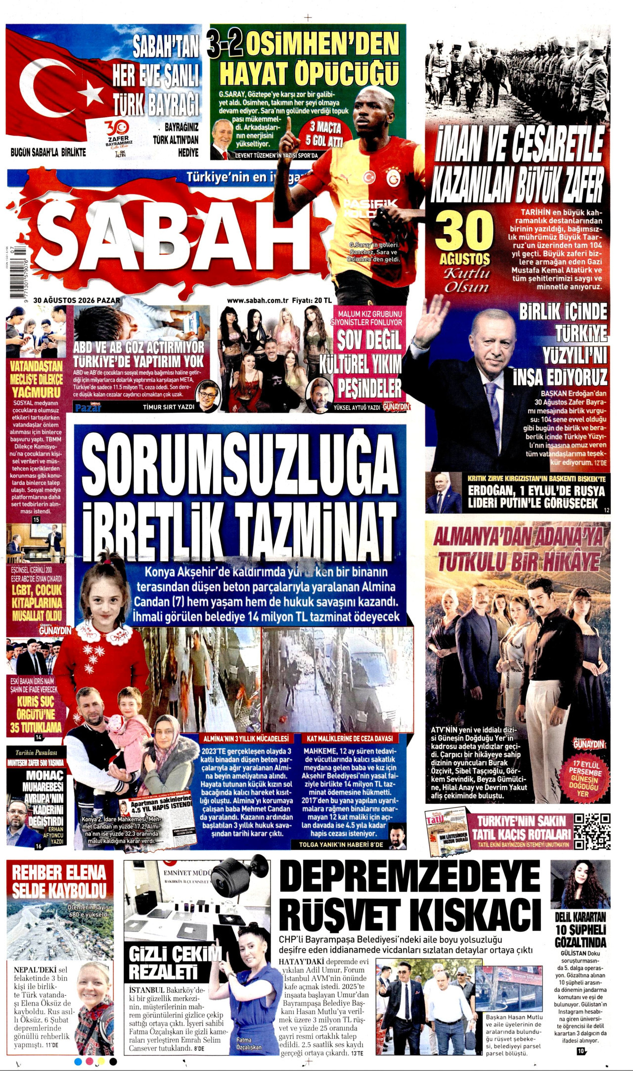 SABAH 30 Ağustos 2026 Gazete Manşeti Büyük