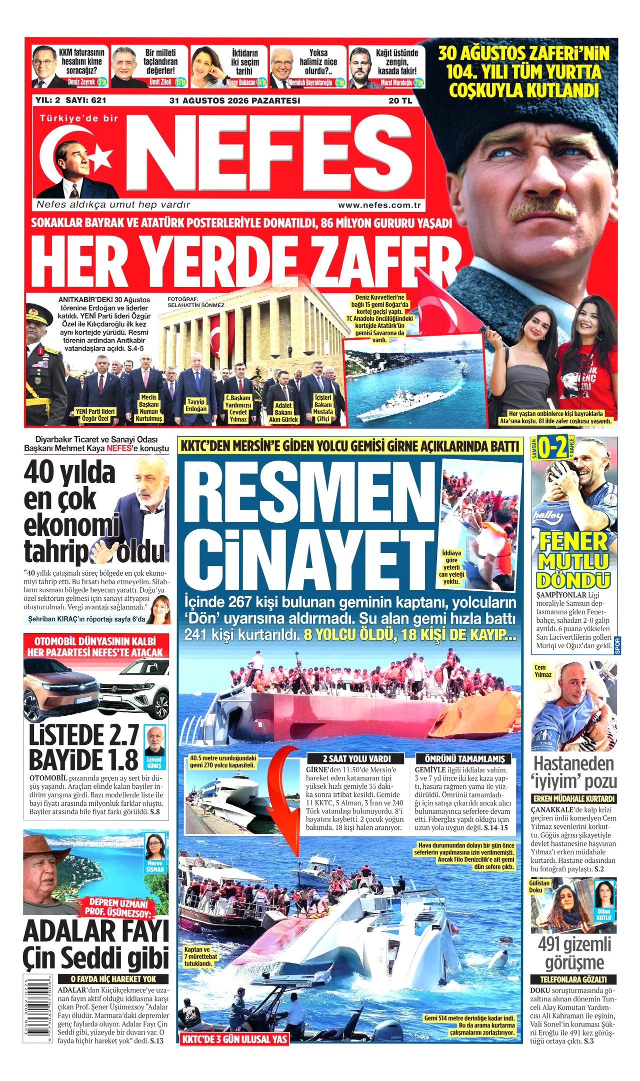 NEFES gazetesinin 31 Ağustos 2026 tarihli birinci sayfası