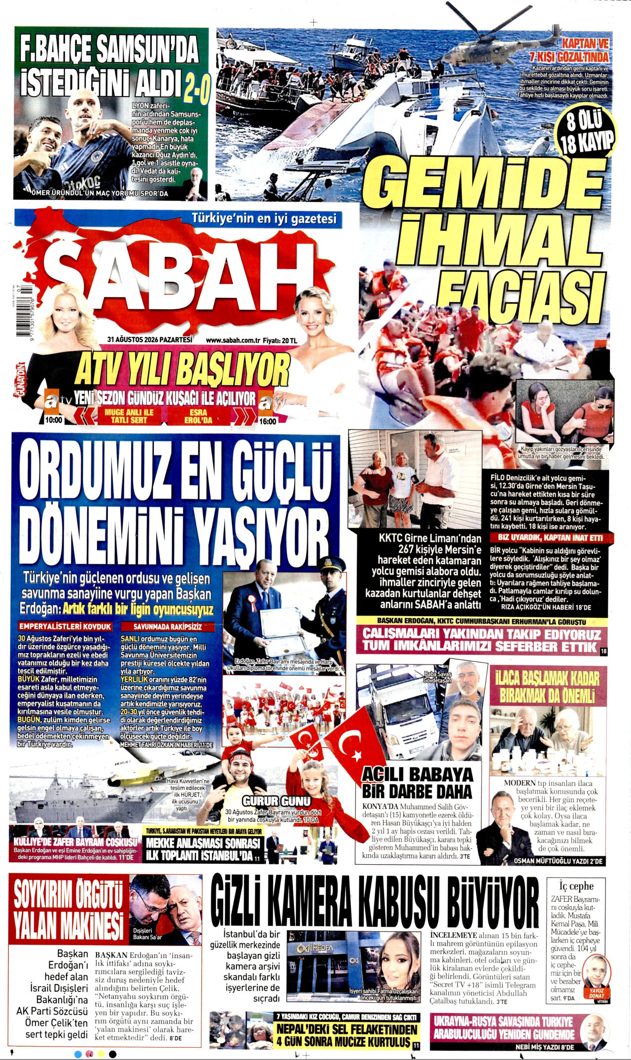 SABAH gazetesinin 31 Ağustos 2026 tarihli birinci sayfası
