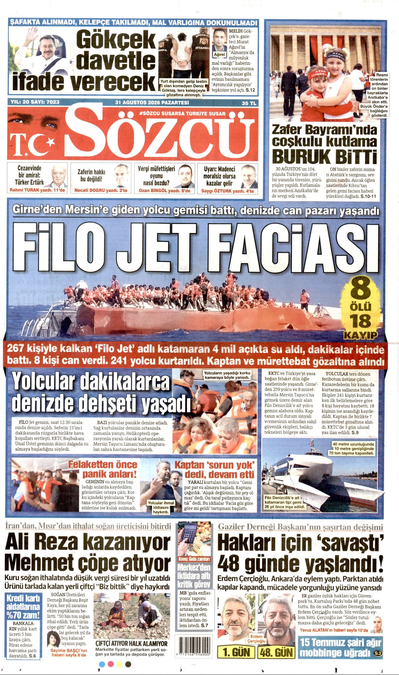 SÖZCÜ gazetesinin 31 Ağustos 2026 tarihli birinci sayfası