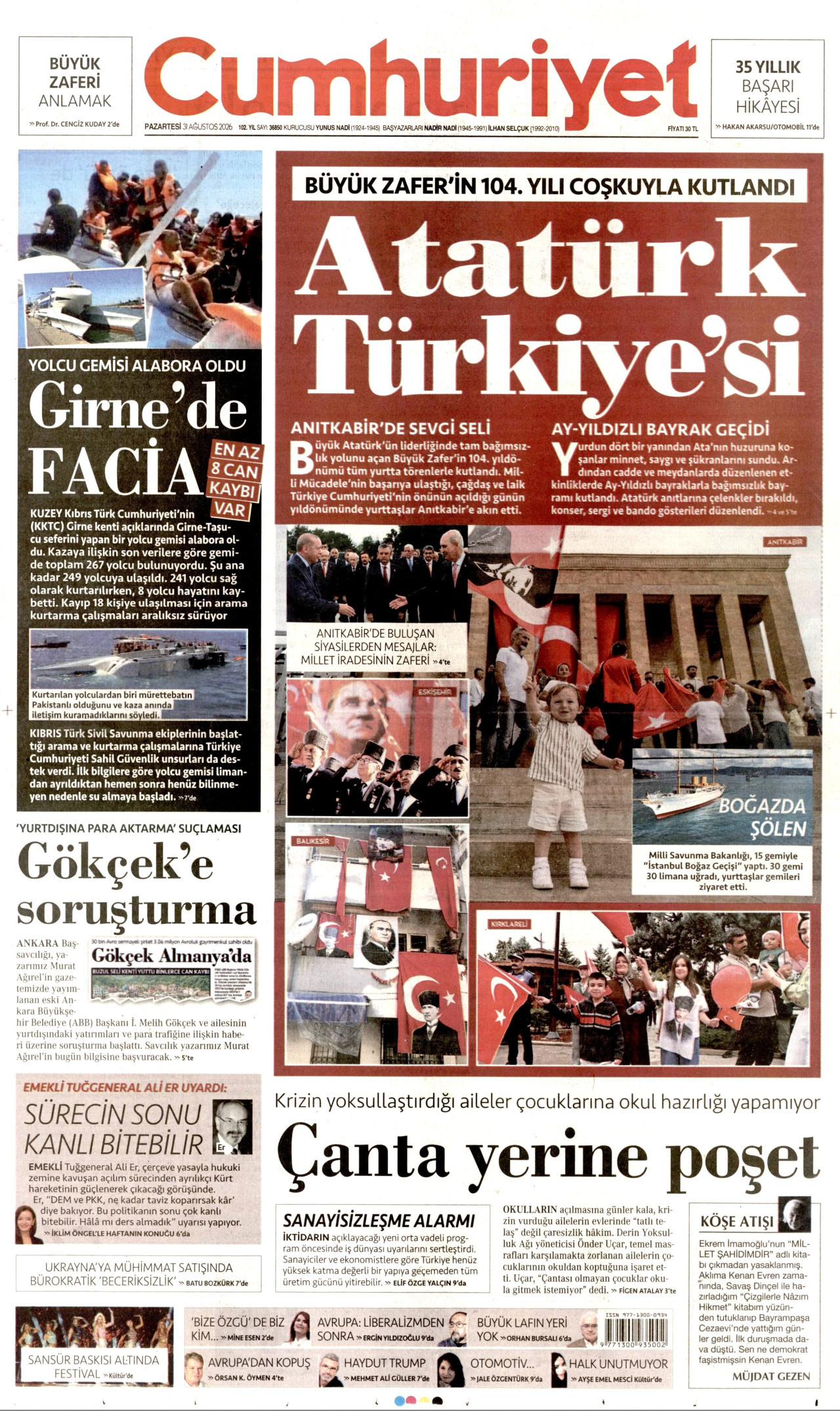 CUMHURİYET gazetesinin 31 Ağustos 2026 tarihli birinci sayfası