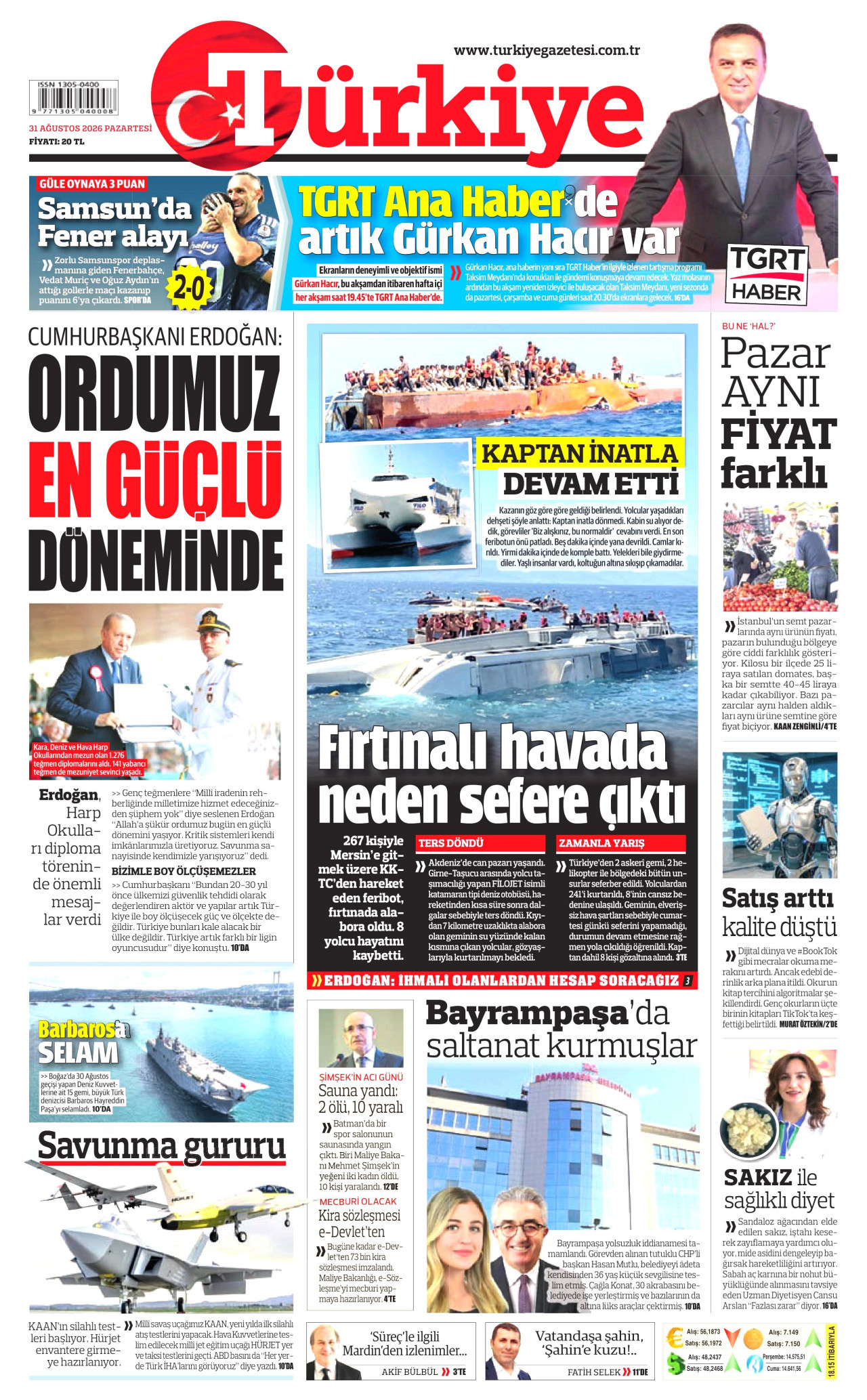 TÜRKİYE GAZETESİ gazetesinin 31 Ağustos 2026 tarihli birinci sayfası
